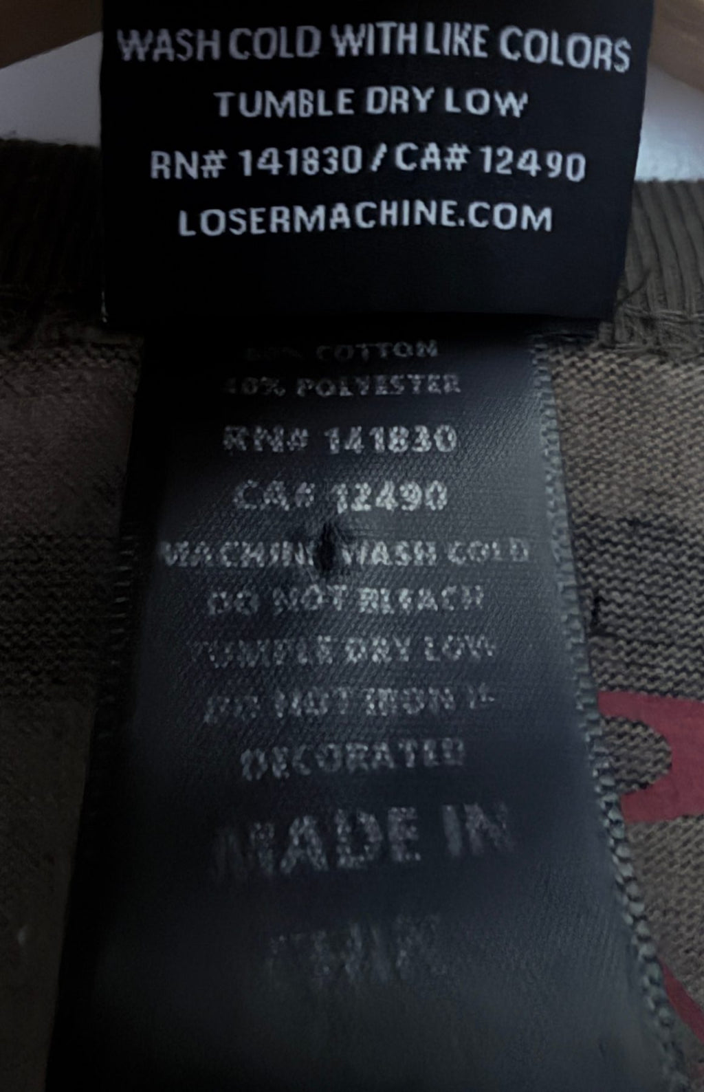 Loser Machine Company Men's Gray Hell-Raiser T-Shirt — fabric content tag
