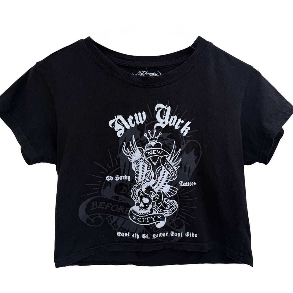Ed Hardy New York Graphic Cropped T Shirt Womens Large Black Tattoo Style