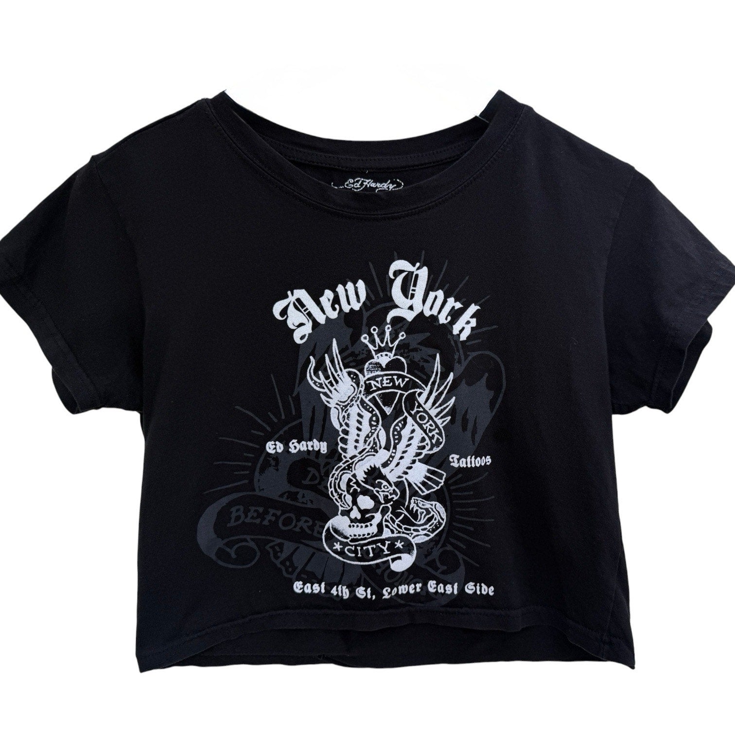 Ed Hardy New York Graphic Cropped T Shirt Womens Large Black Tattoo Style