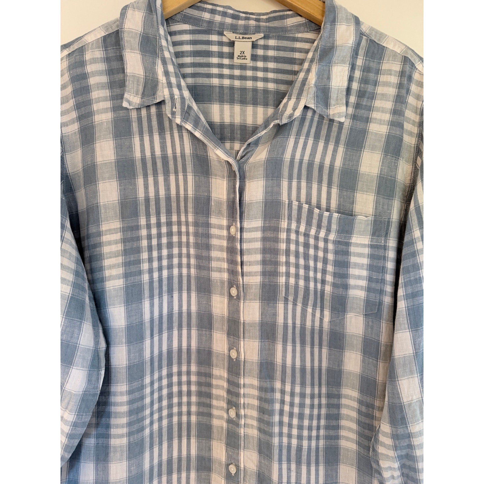 L.L.Bean Plaid Button Up Shirt Womens 2X Blue White Long Sleeve