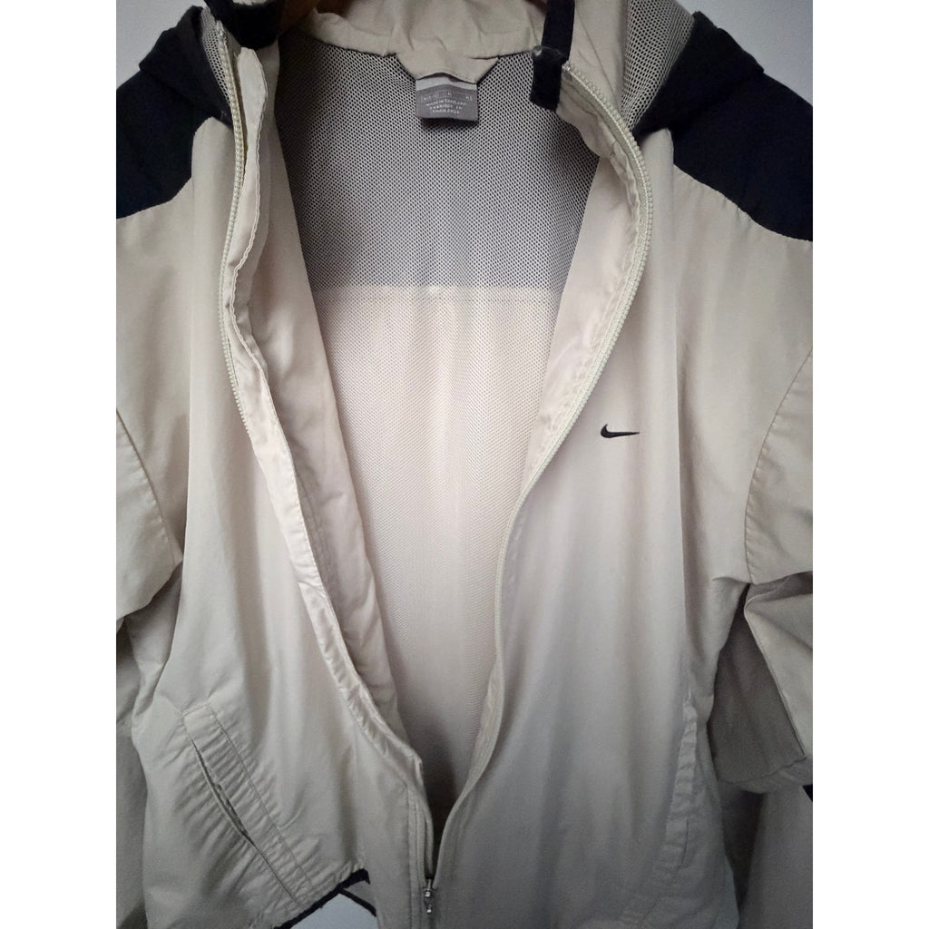 Nike Hooded Windbreaker Jacket Men's Medium Beige Black Full Zip Mesh Lined