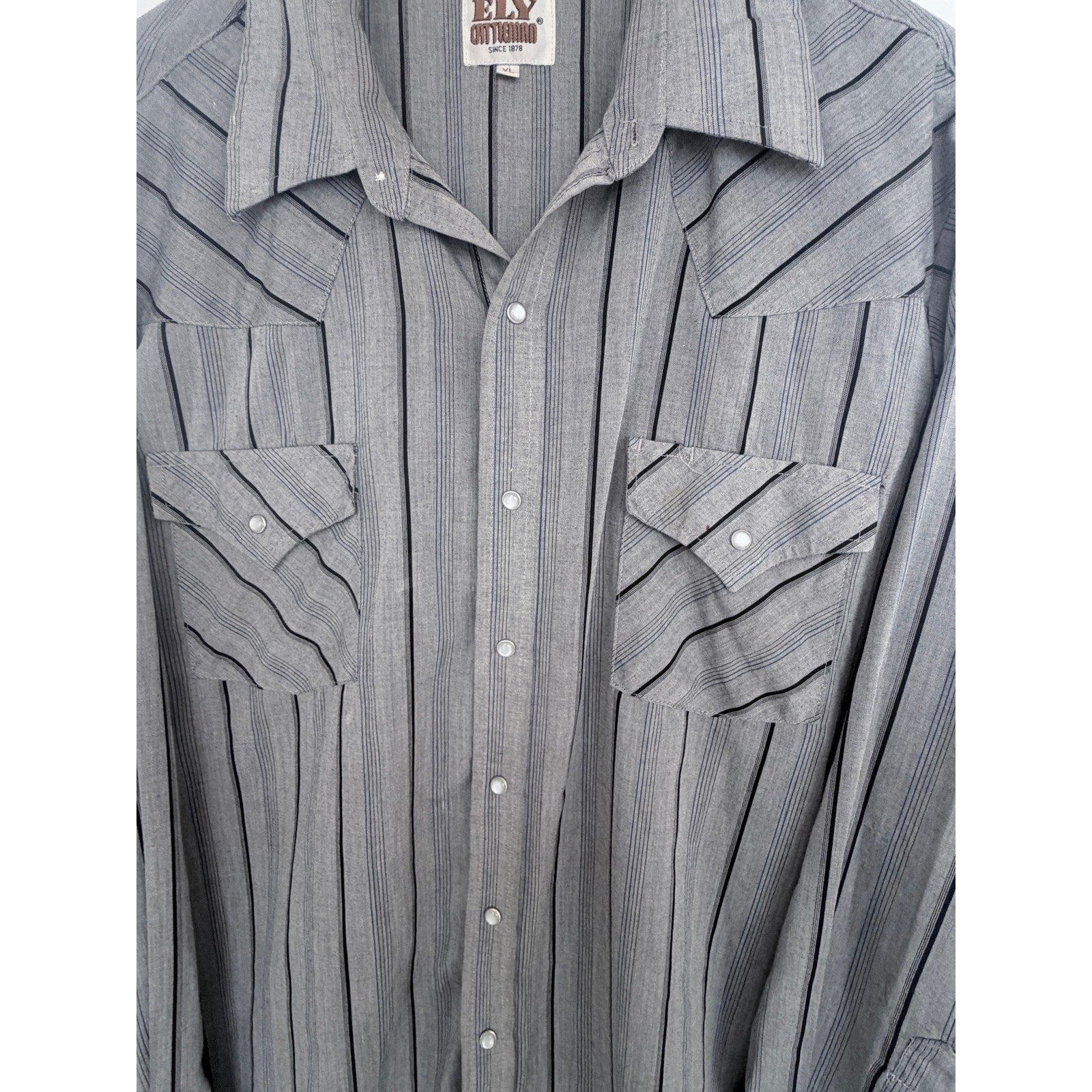 Ely Cattleman Western Shirt Mens XL Gray Stripe Pearl Snap Cowboy Ranch