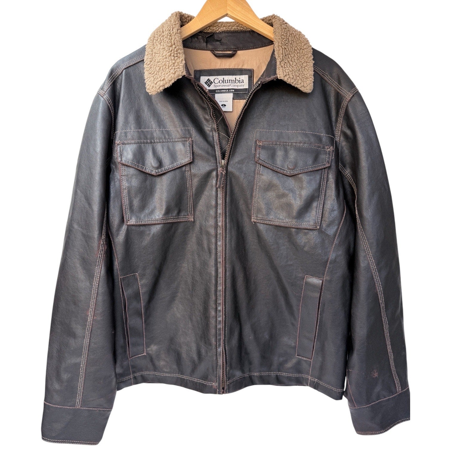 Columbia Leather Jacket Mens Large Brown Sherpa Lined Full Zip Coat