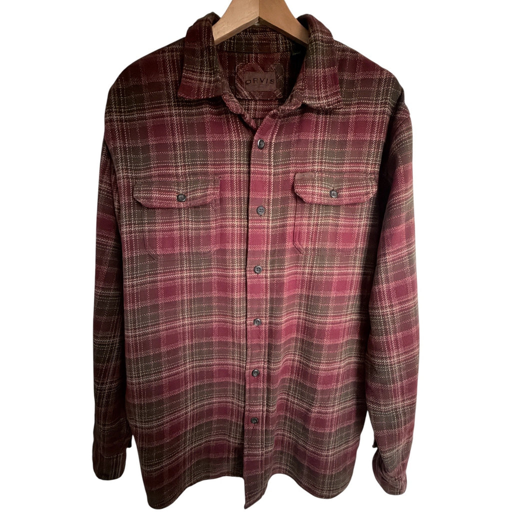 Orvis Plaid Heavyweight Flannel Shirt Mens Large Burgundy Brown Button Up