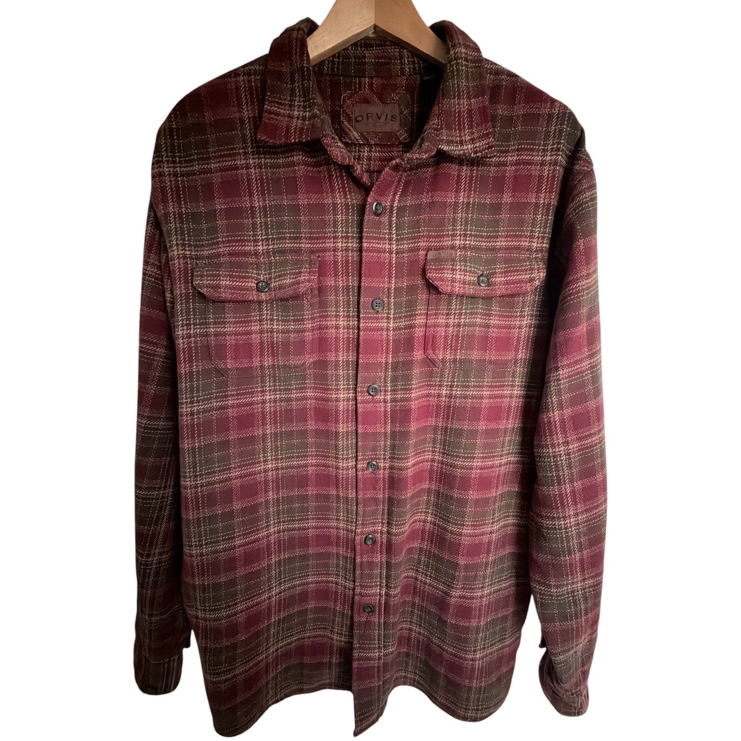 Orvis Plaid Heavyweight Flannel Shirt Mens Large Burgundy Brown Button Up