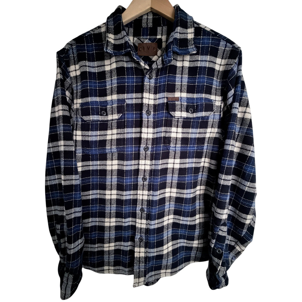 Orvis Plaid Sherpa Lined Flannel Shirt Jacket Mens Medium Blue White