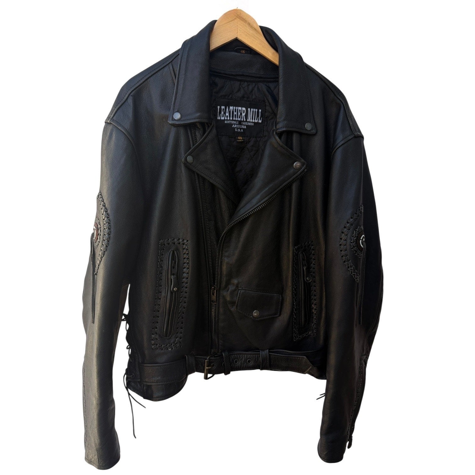 Leather Mill Motorcycle Jacket Mens 46 Black Western Biker Leather