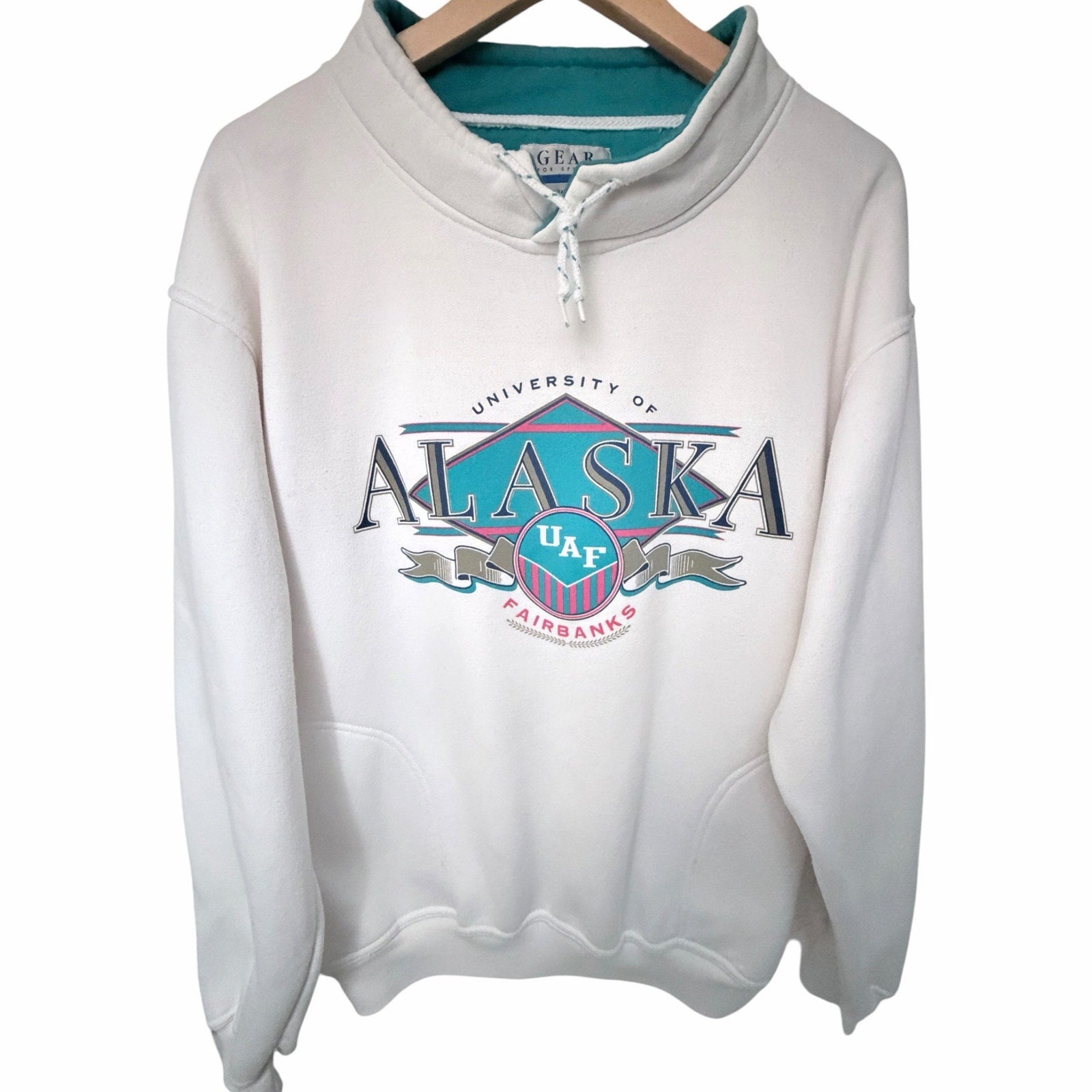Vintage University Alaska Fairbanks Funnel Neck Sweatshirt Adult M White UAF