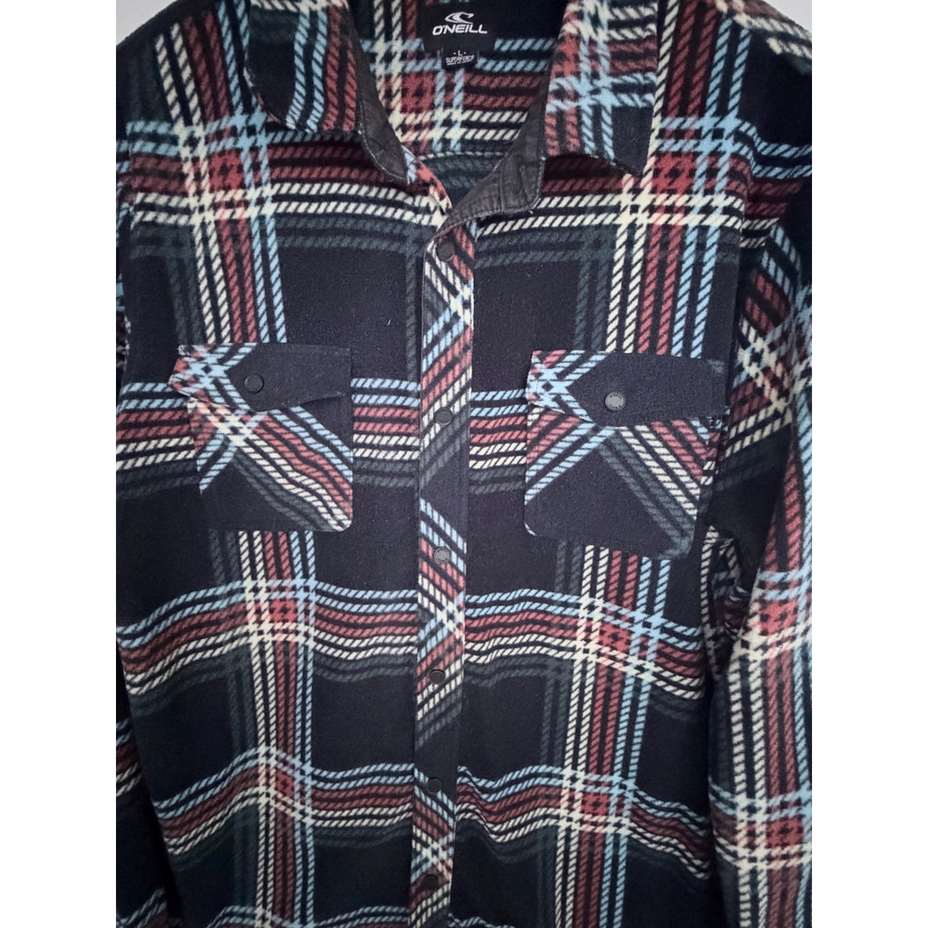 O'Neill Superfleece Plaid Shacket Mens Large Black Blue Snap Front Jacket