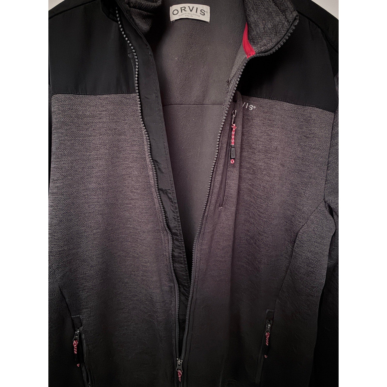 Orvis Men's Full Zip Fleece Jacket Large Black Gray Sweater Knit Outdoor