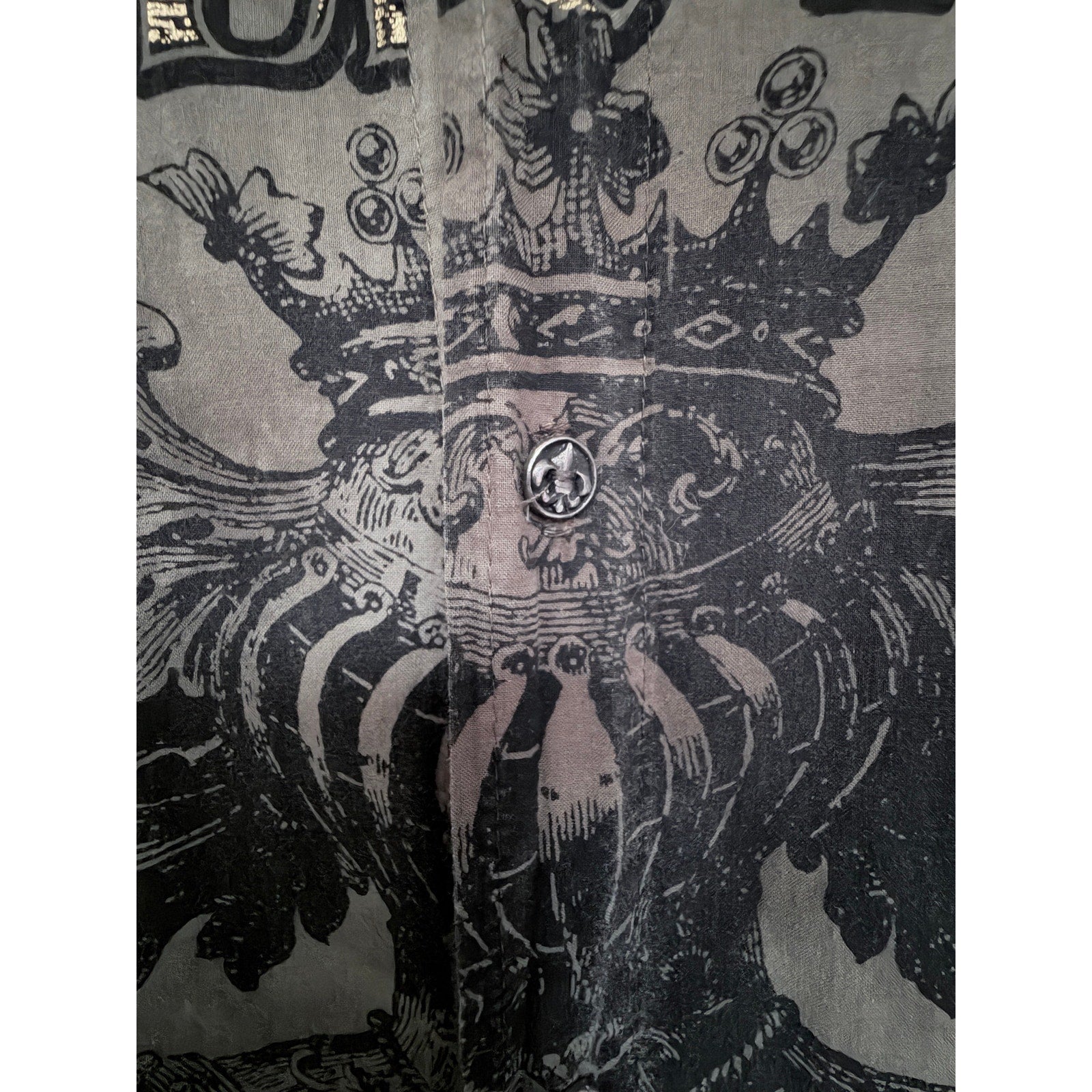 Affliction Mens Button Front Shirt Medium Gray Acid Wash Graphic Long Sleeve USA