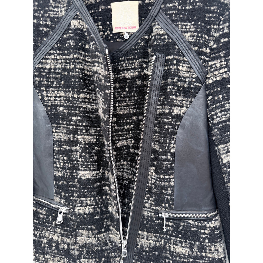Rebecca Taylor Tweed Moto Jacket Womens 6 Black White Zip Up