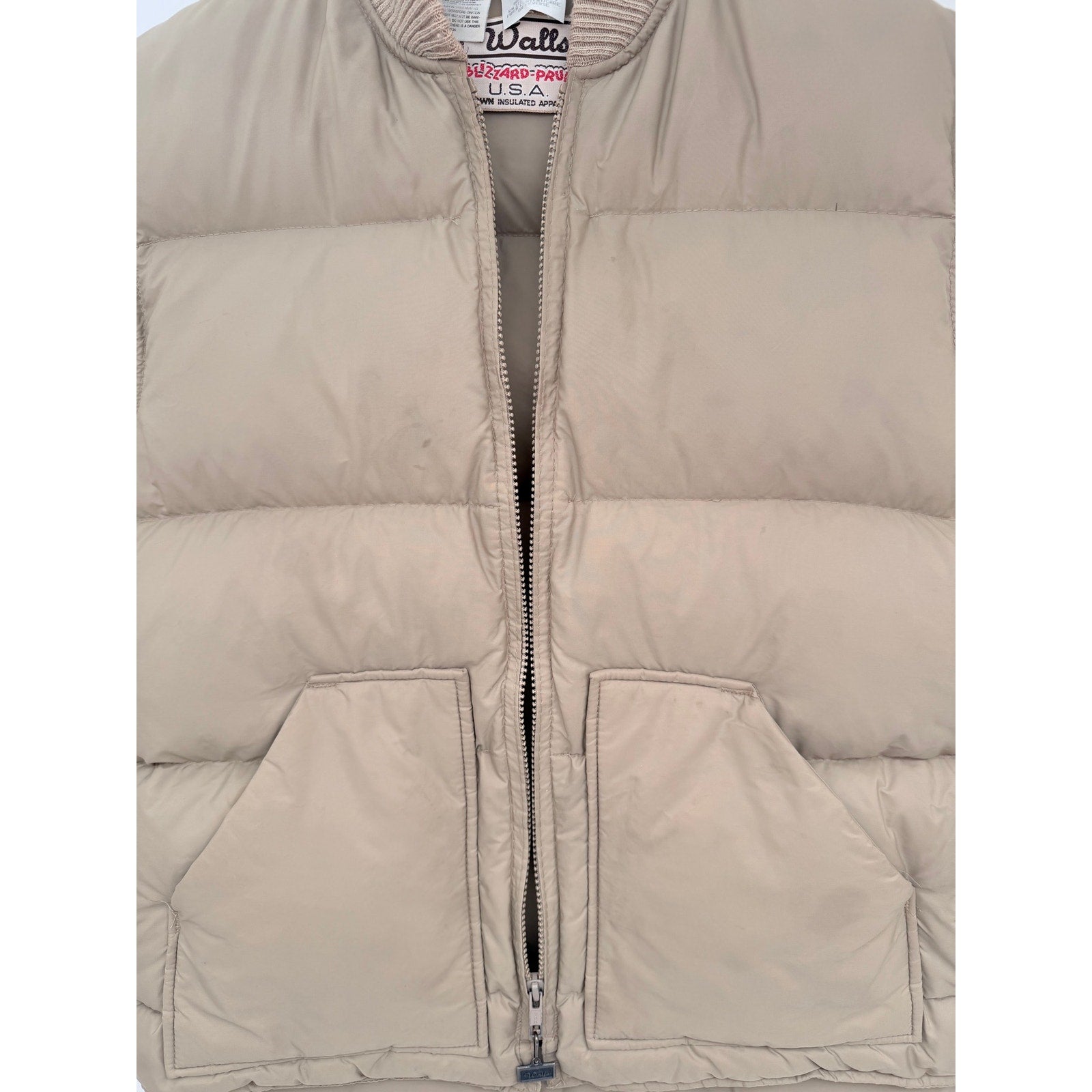 Walls Blizzard Pruf Down Puffer Vest Mens 44 Regular Beige USA Made Vintage