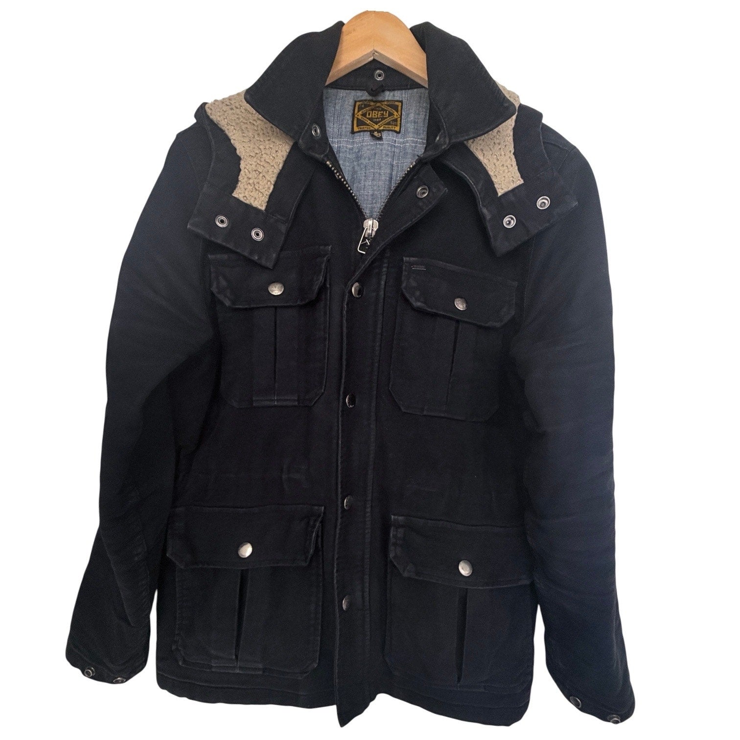 Obey Hooded Field Jacket Mens Medium Black Sherpa Lined Military Utility Coat