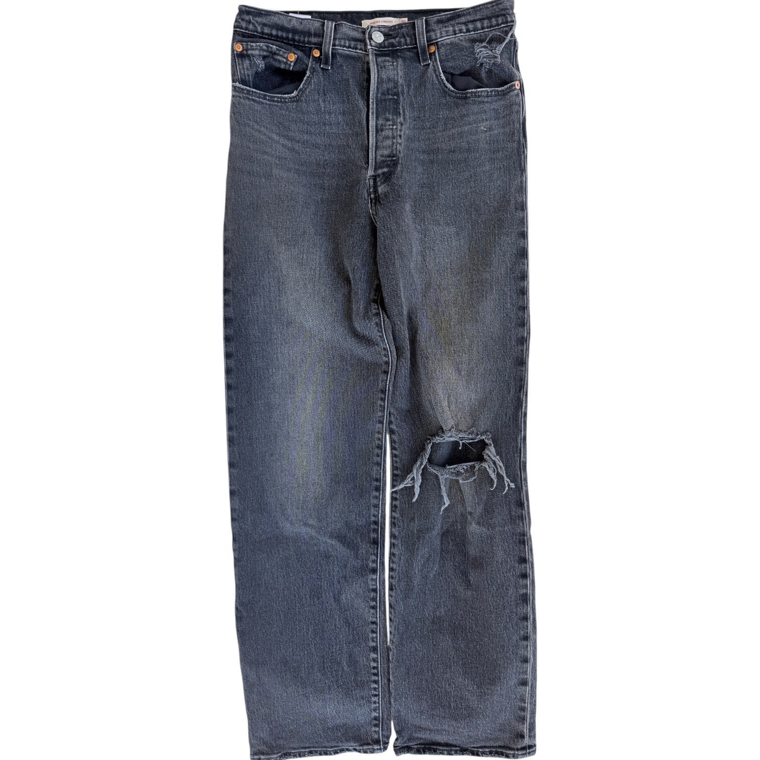 Levis Ribcage Jeans Womens 30 Black High Rise Straight Distressed Denim