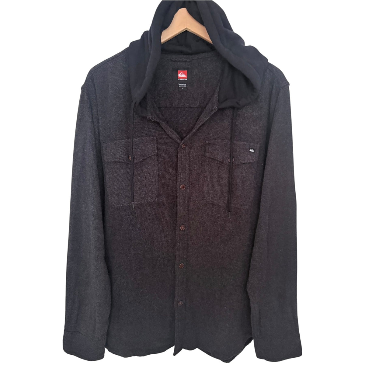 Quiksilver Men's Dark Gray Hooded Plaid Button-Up — front view