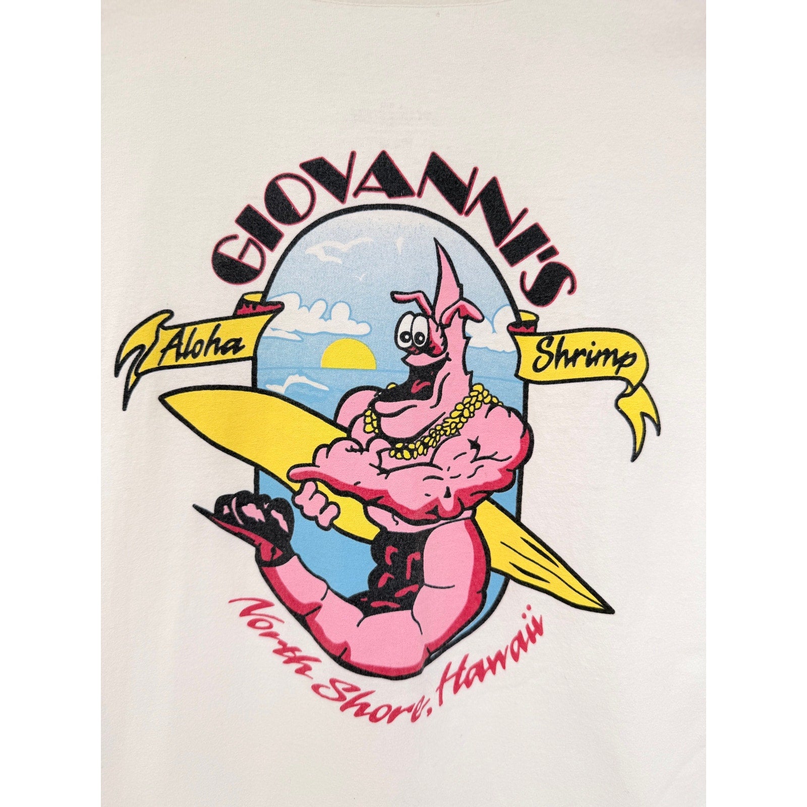 Giovannis Aloha Shrimp Hawaii Graphic T Shirt Mens Large White Surf Tee