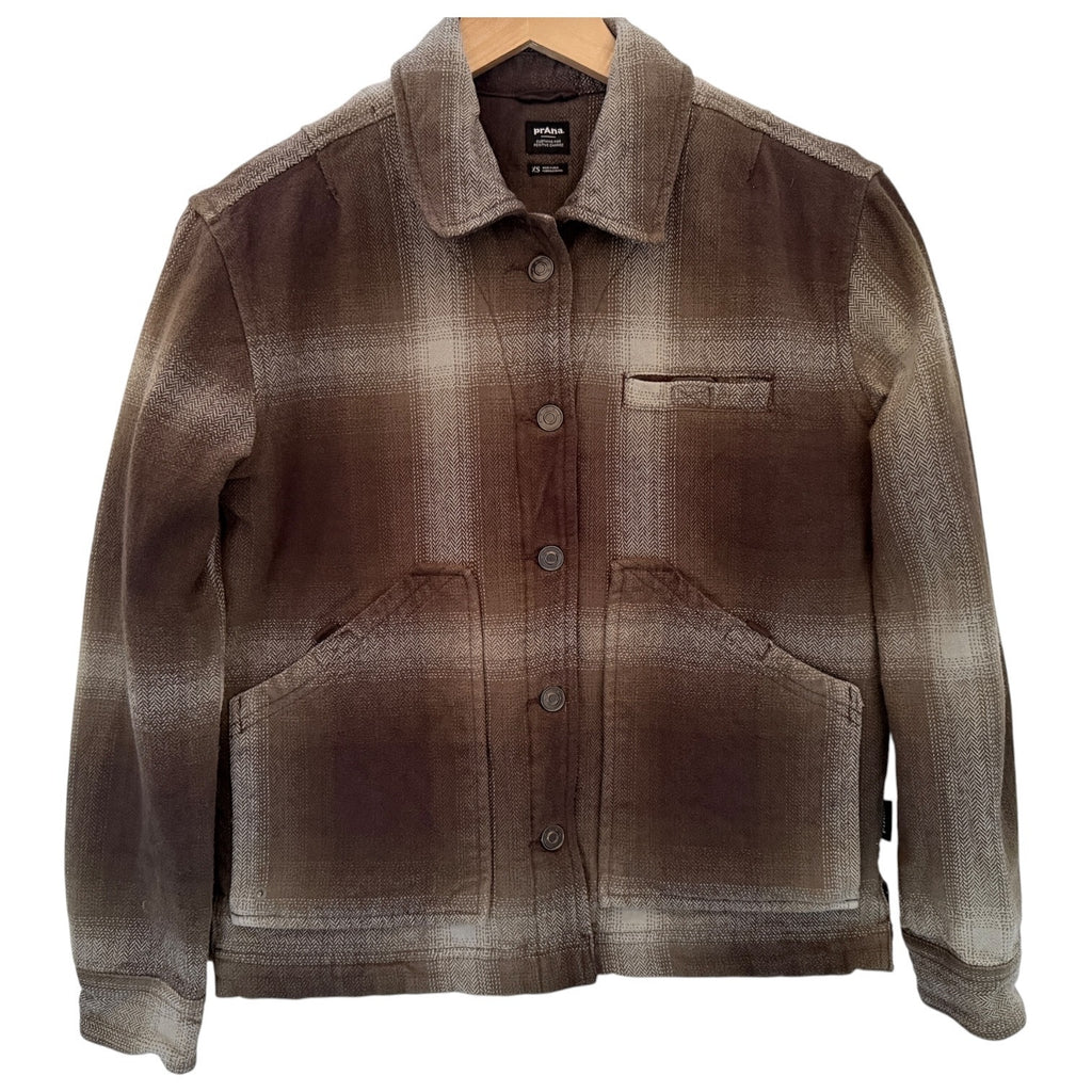 Prana Wool Blend Jacket Womens XS Brown Plaid Button Front Casual Outdoor