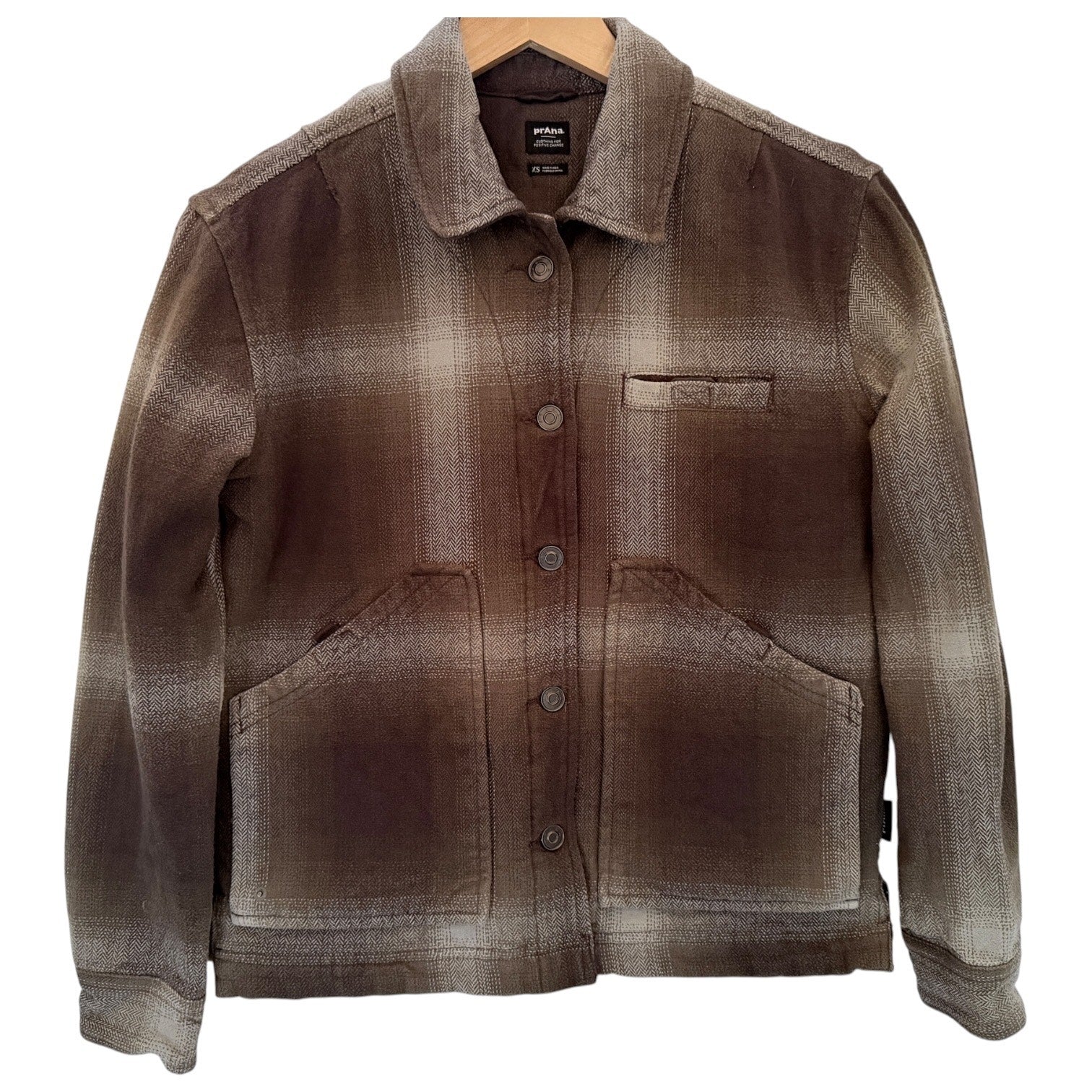 Prana Wool Blend Jacket Womens XS Brown Plaid Button Front Casual Outdoor