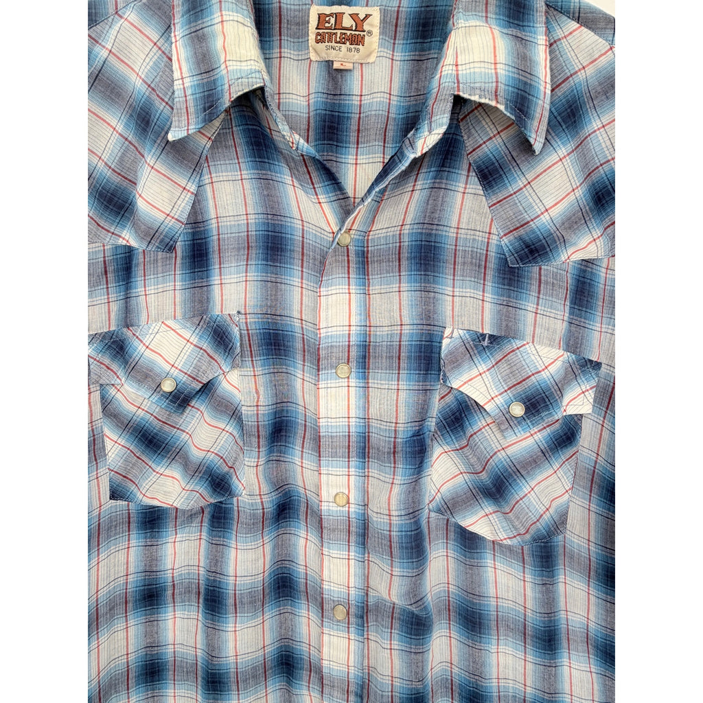 ELY Cattleman Pearl Snap Western Shirt Mens Large Blue Plaid Short Sleeve Cowboy