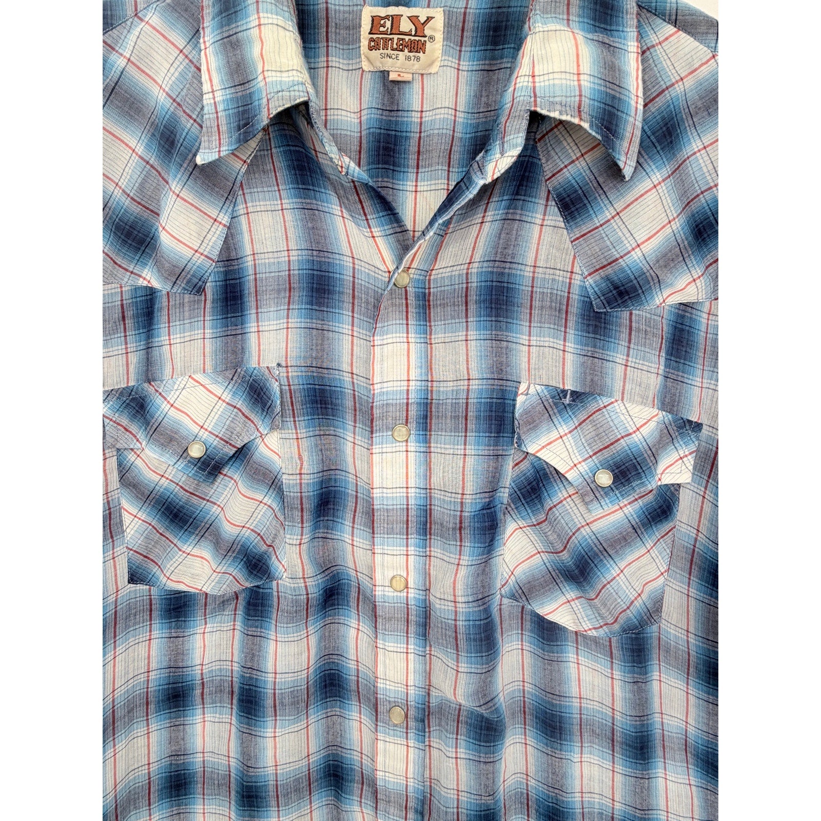 ELY Cattleman Pearl Snap Western Shirt Mens Large Blue Plaid Short Sleeve Cowboy