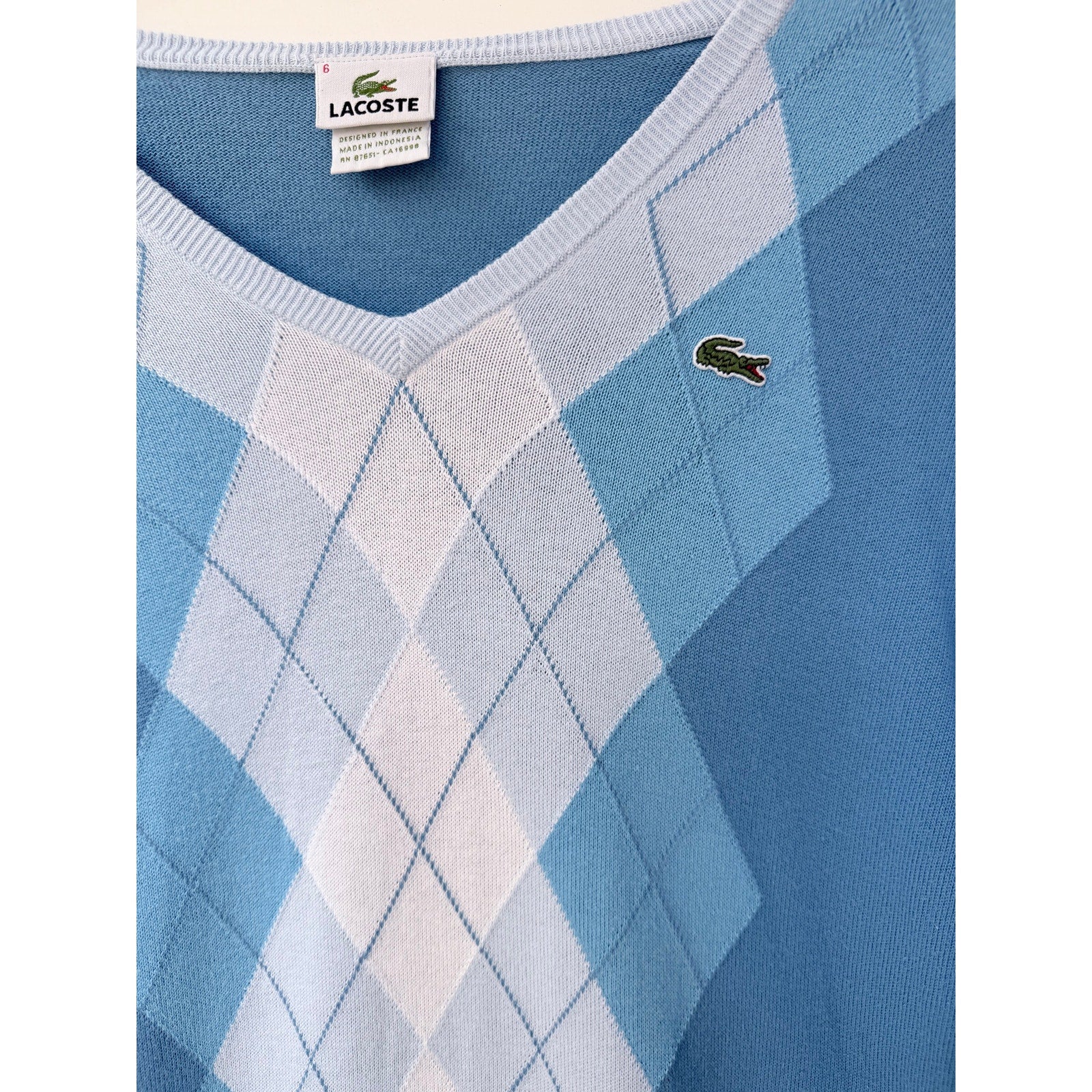 Lacoste Mens Sweater Size 6 Blue Argyle V Neck Crocodile Logo Knit