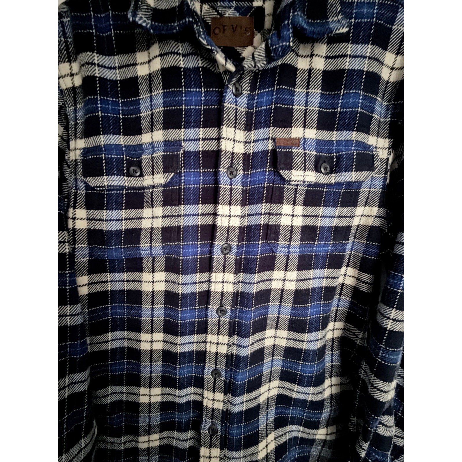 Orvis Plaid Sherpa Lined Flannel Shirt Jacket Mens Medium Blue White