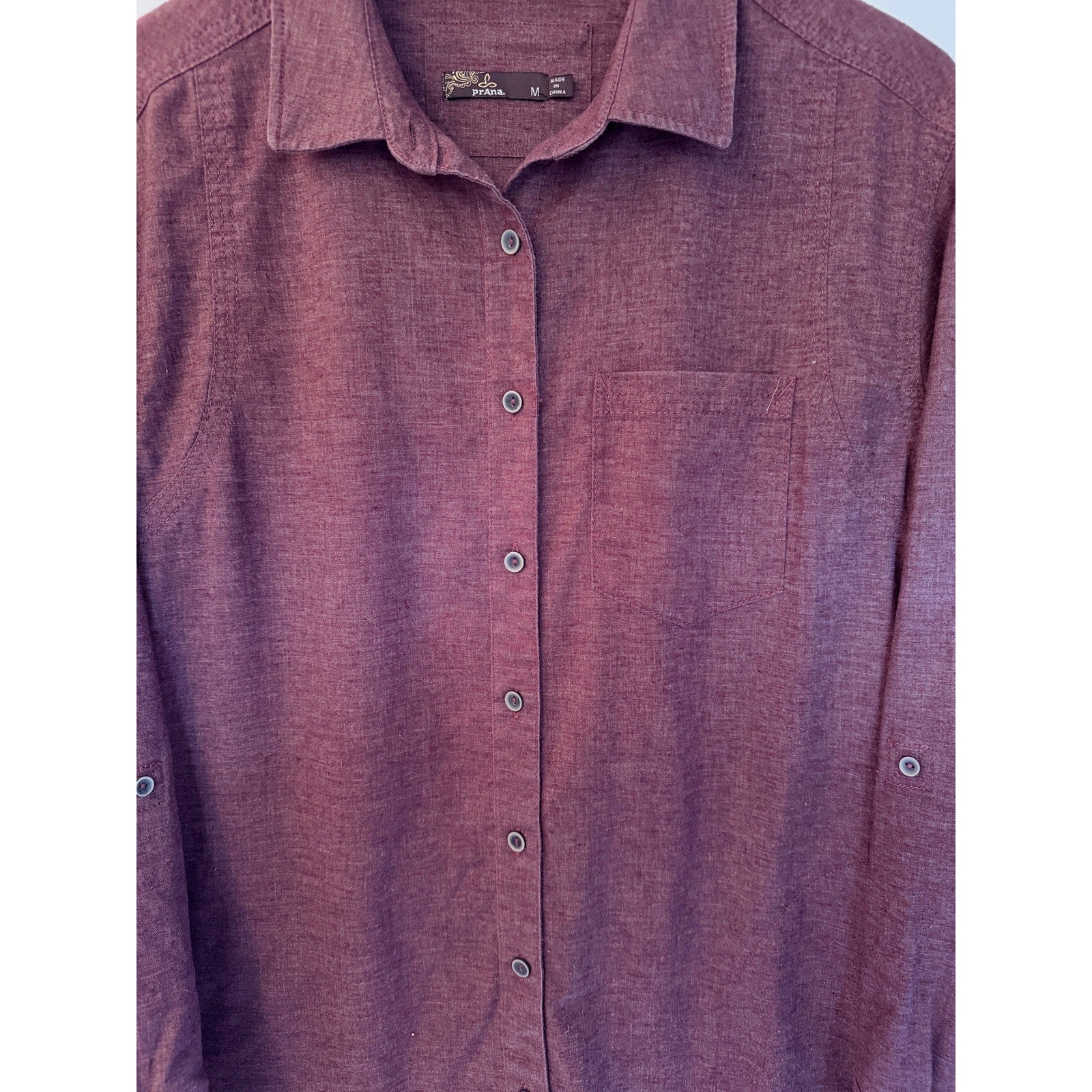 prAna Button Up Shirt Womens Medium Red Long Sleeve Casual Lightweight