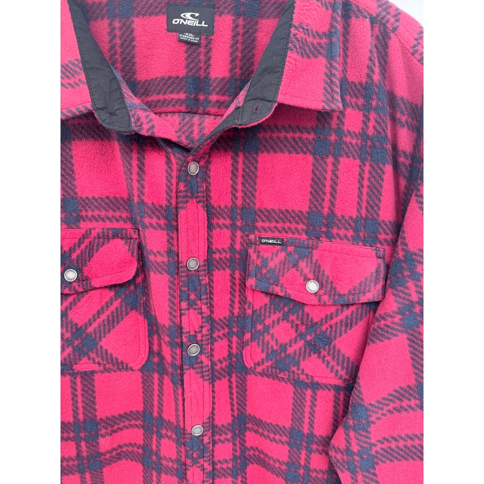 O'Neill Fleece Jacket Mens XXL Red Black Plaid Snap Front Sherpa Shirt Jacket