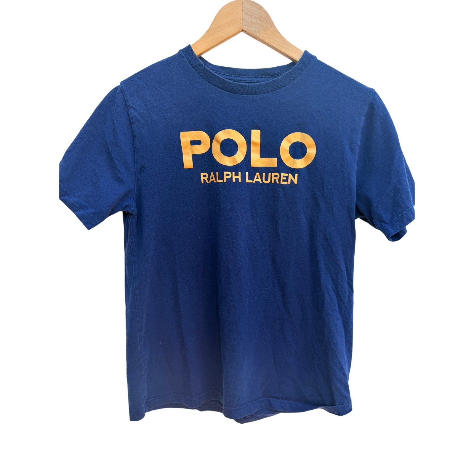 Polo Ralph Lauren Boys Large (14-16) Navy Blue Logo T-Shirt Gold Spellout