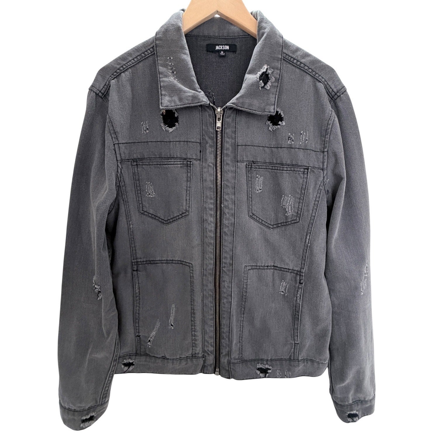Jackson Distressed Denim Jacket Mens Medium Gray Full Zip Grunge Streetwear