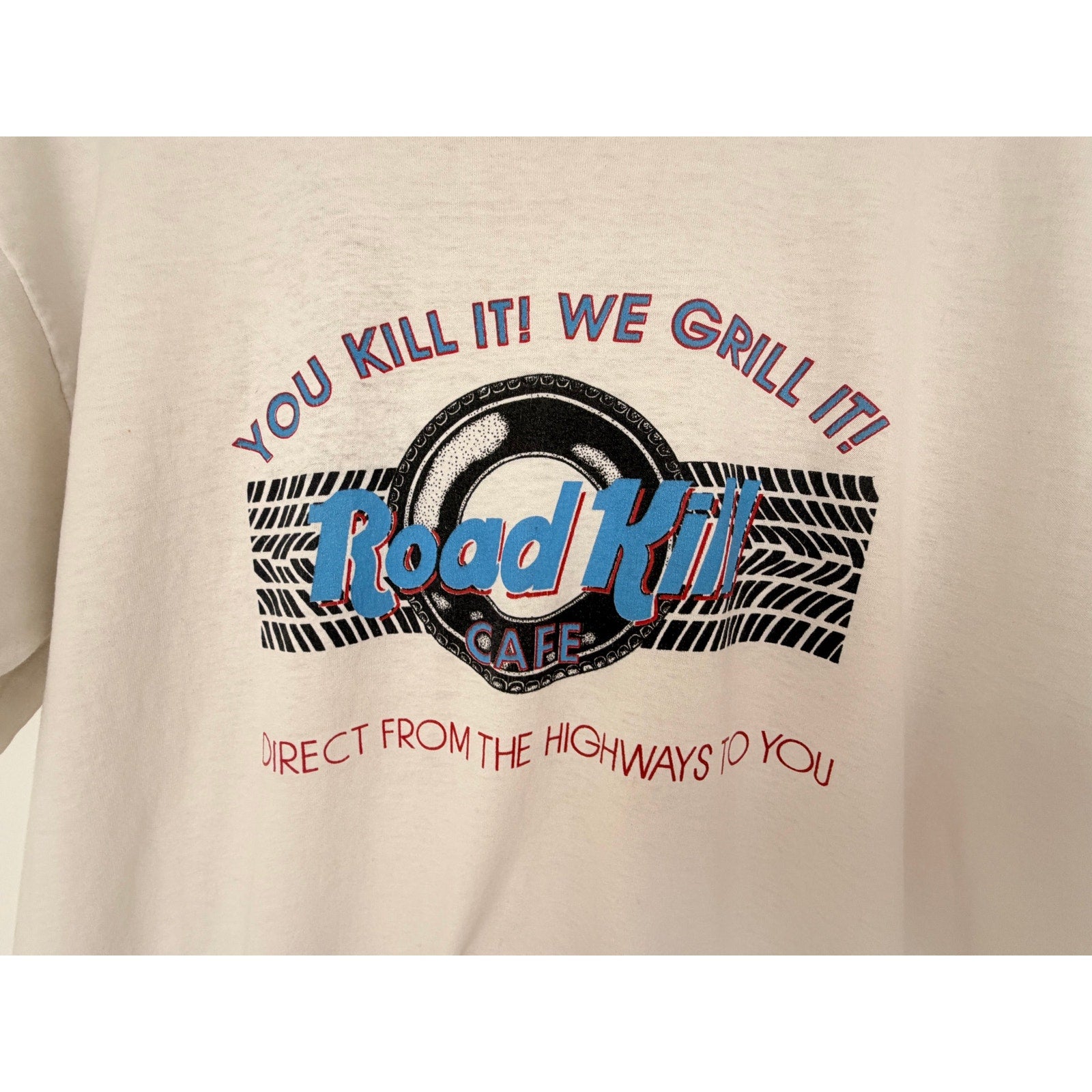 Vintage Road Kill Cafe T Shirt Mens XL White Funny Graphic Double Sided USA 90s