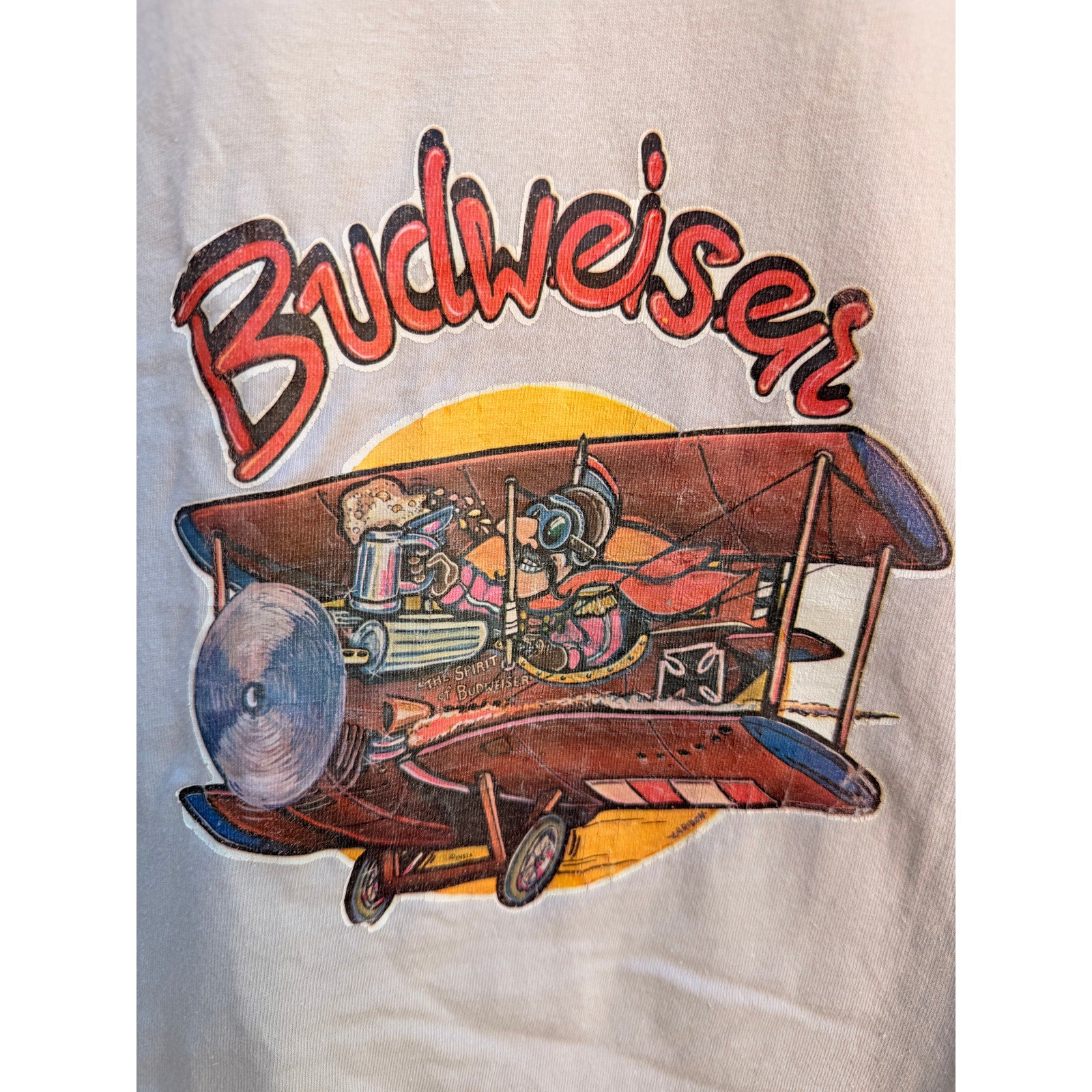 Budweiser Biplane Graphic T Shirt Mens Large Beige Vintage Beer Tee