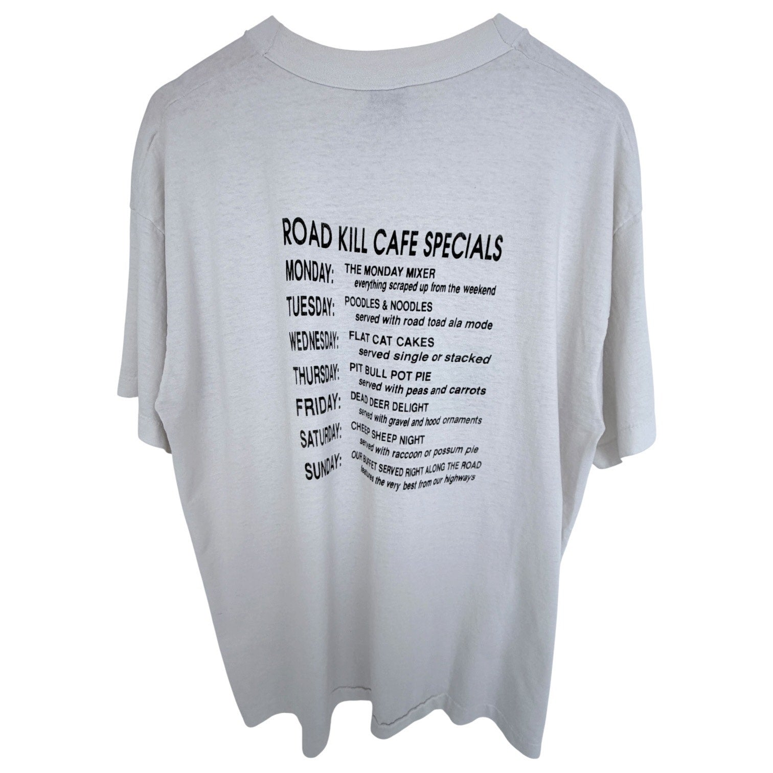 Vintage Road Kill Cafe T Shirt Mens XL White Funny Graphic Double Sided USA 90s