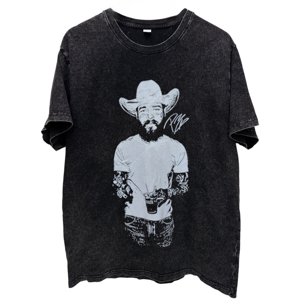 Post Malone Cowboy Portrait T Shirt Mens Large Black Acid Wash Graphic Tee