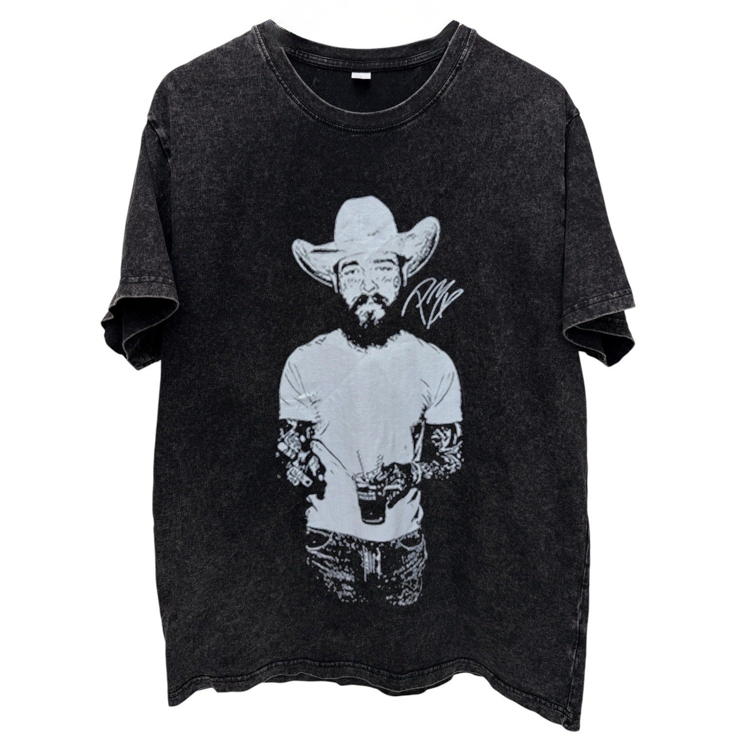 Post Malone Cowboy Portrait T Shirt Mens Large Black Acid Wash Graphic Tee