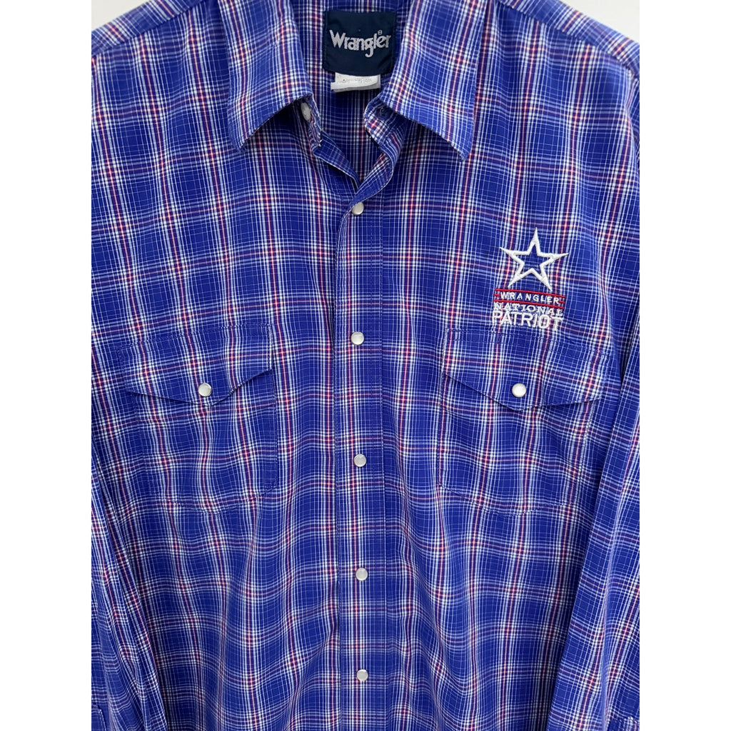 Wrangler National Patriot Western Shirt Mens XL Blue Plaid Pearl Snap