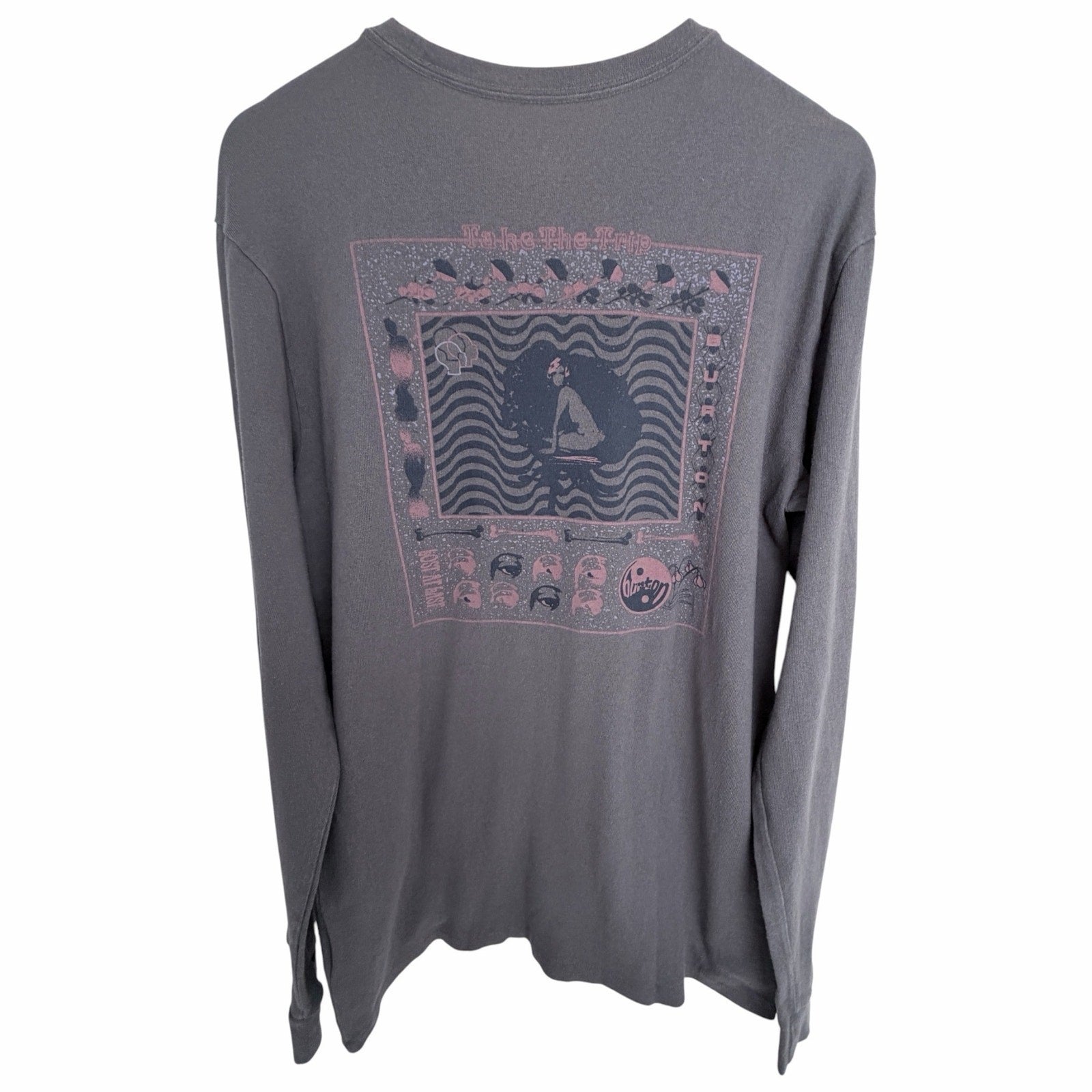 Burton Long Sleeve Graphic T Shirt Womens Small Gray Surf Snowboard Cotton