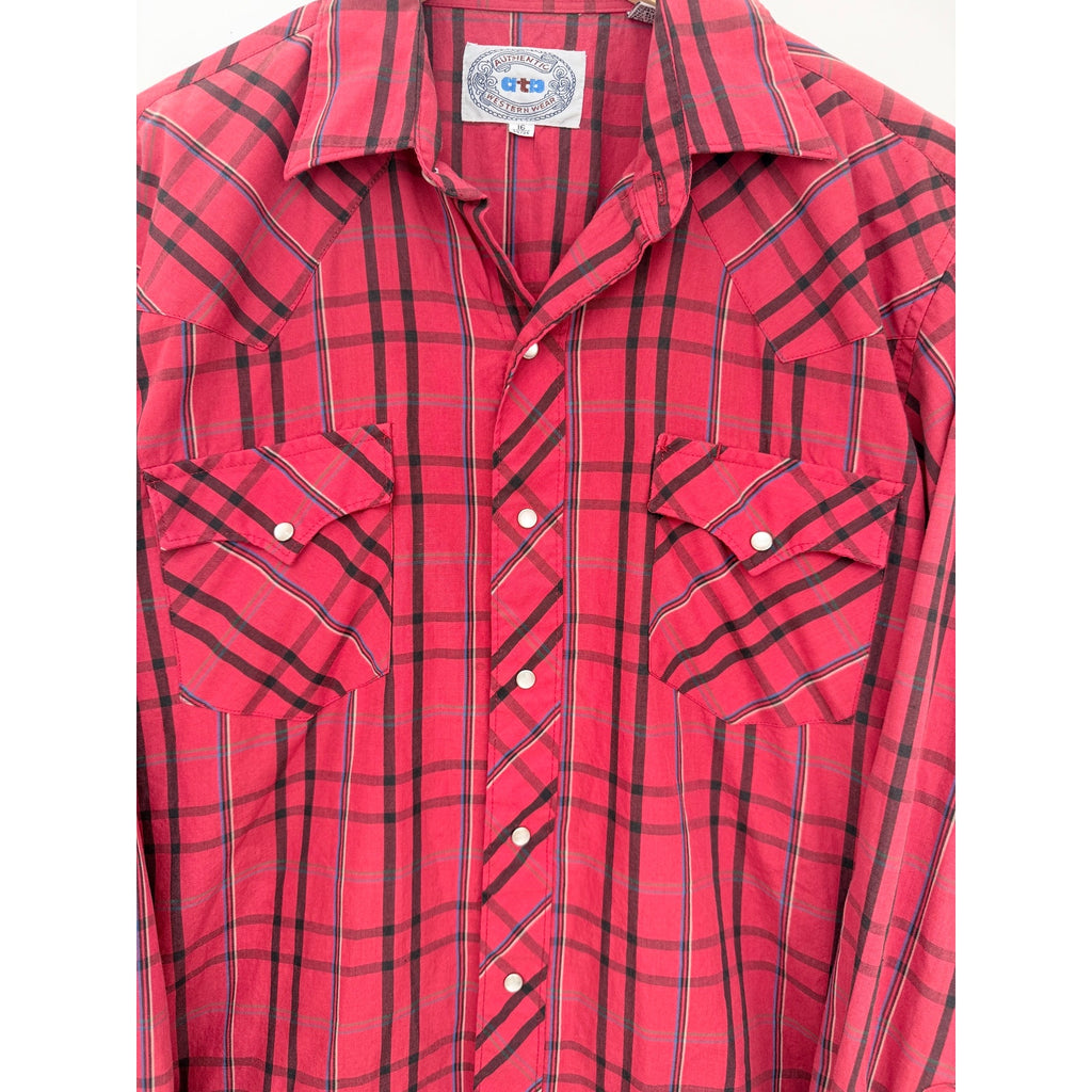 Authentic Western Wear Plaid Western Shirt Mens 16 34 Red Pearl Snap Cowboy