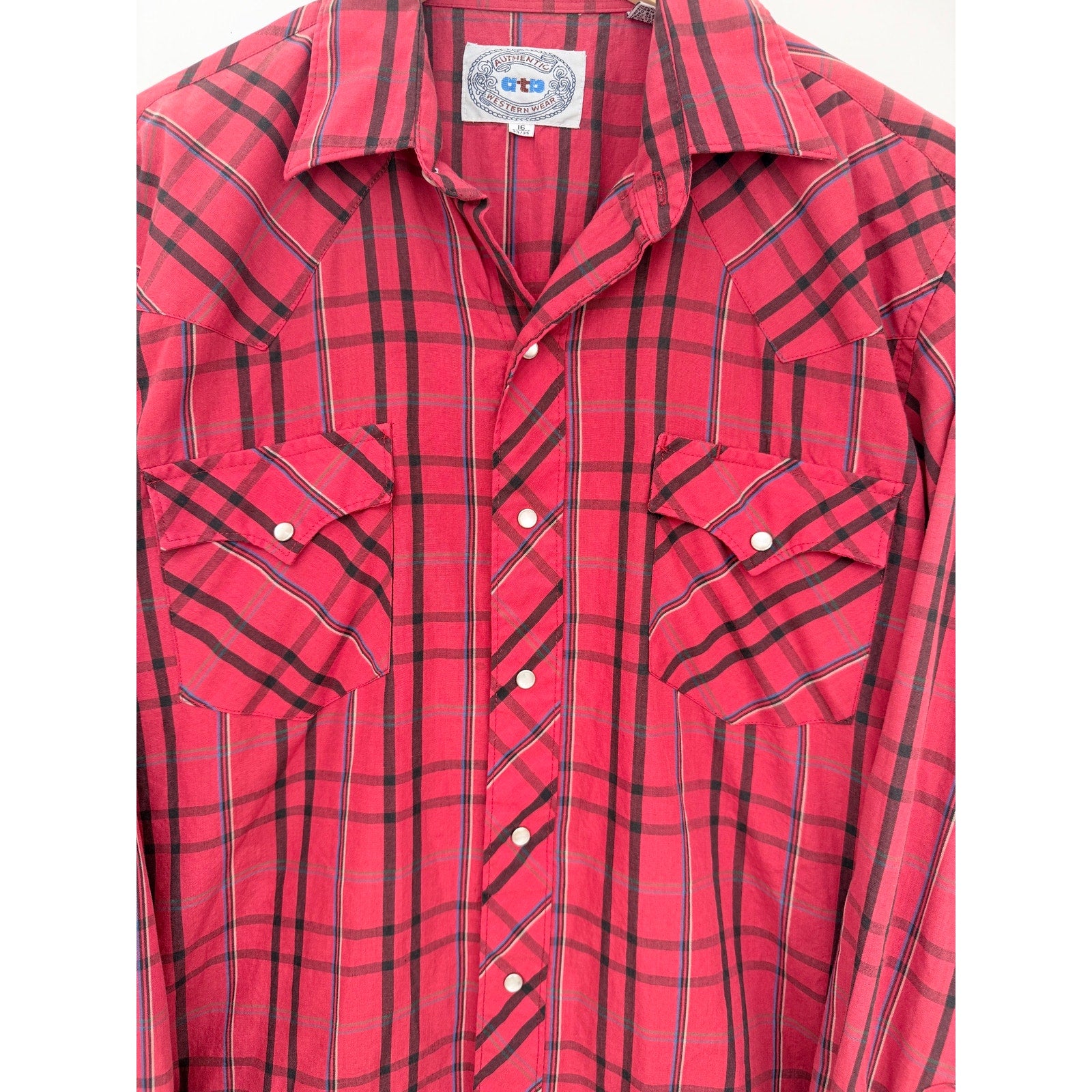 Authentic Western Wear Plaid Western Shirt Mens 16 34 Red Pearl Snap Cowboy