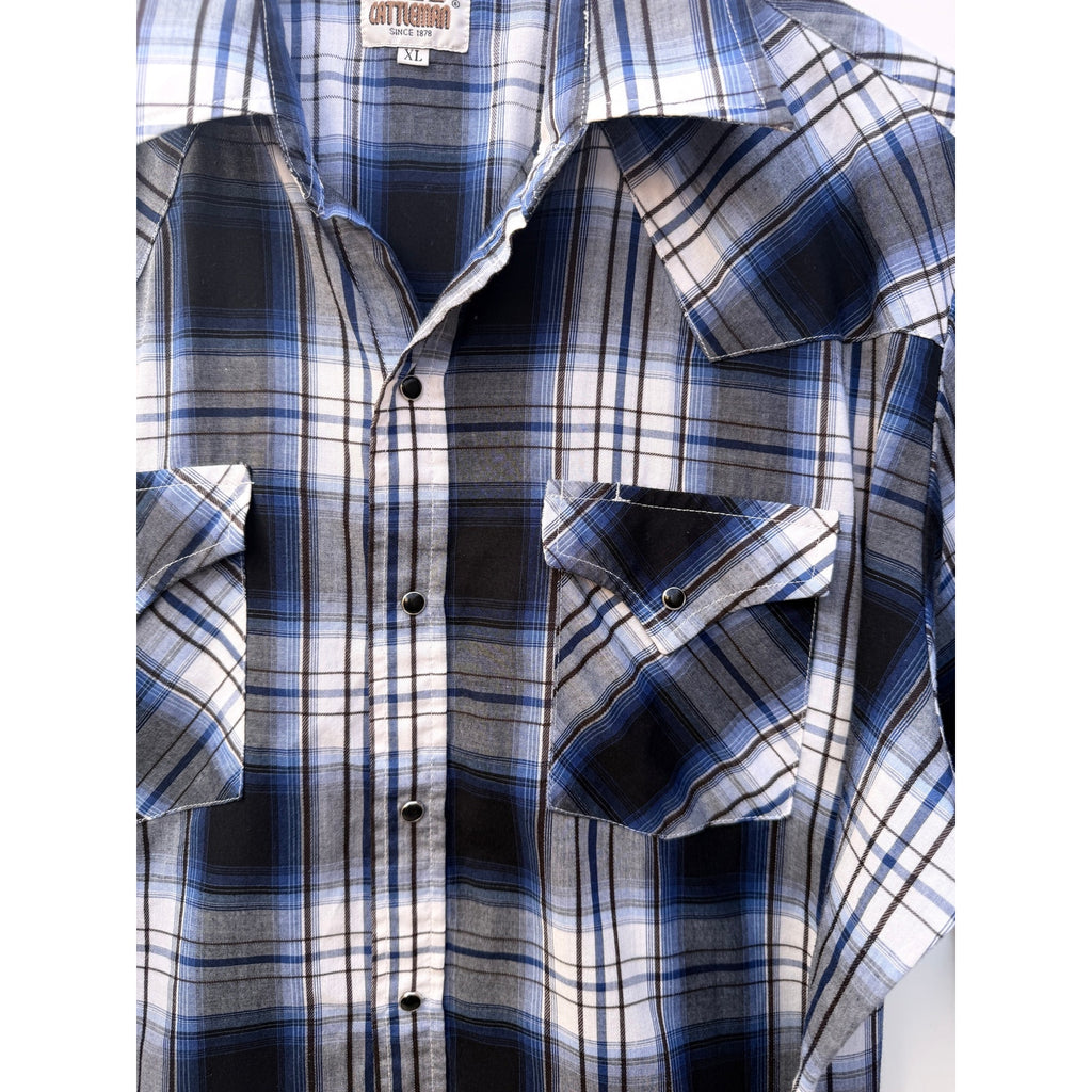 Ely Cattleman Shirt Mens XL Blue Plaid Western Pearl Snap Short Sleeve Cowboy