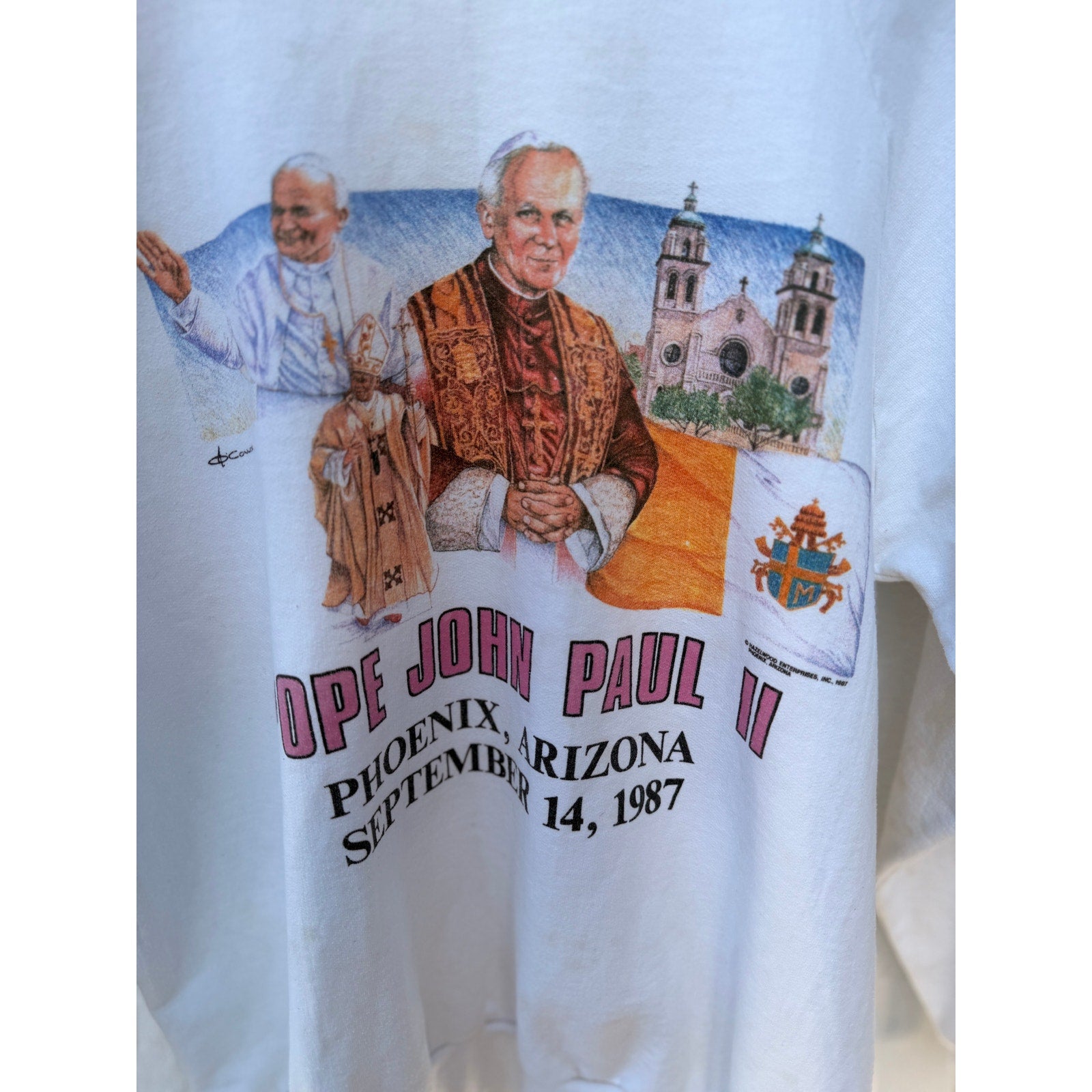 Pope John Paul II 1987 Phoenix AZ Sweatshirt Mens Large Vintage Religious White