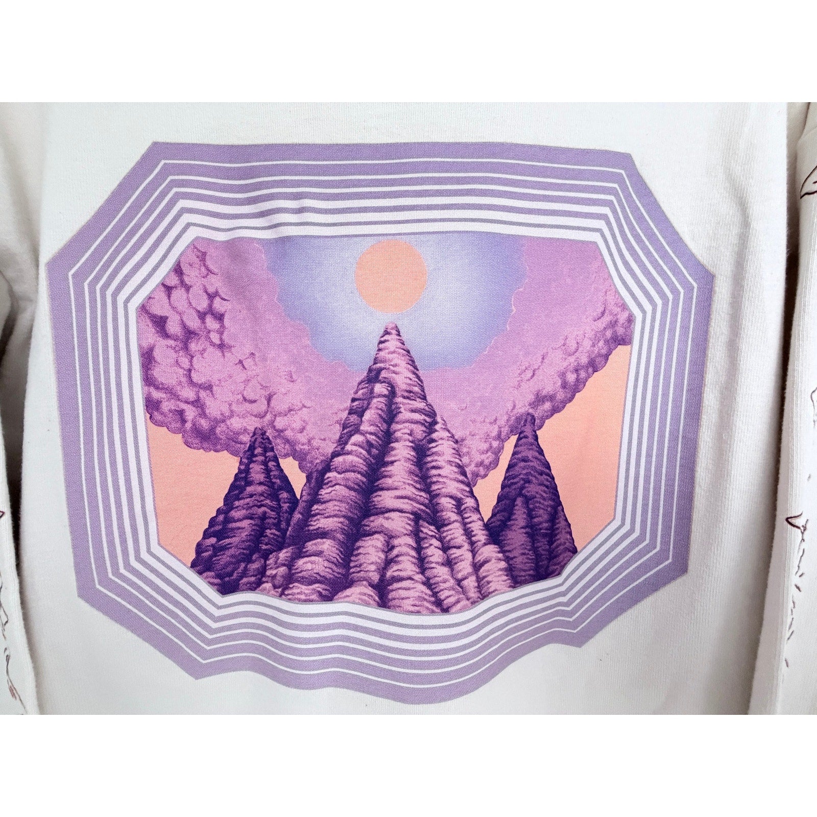The North Face Long Sleeve Graphic Shirt Mens Large Beige Mountain Sleeve Print