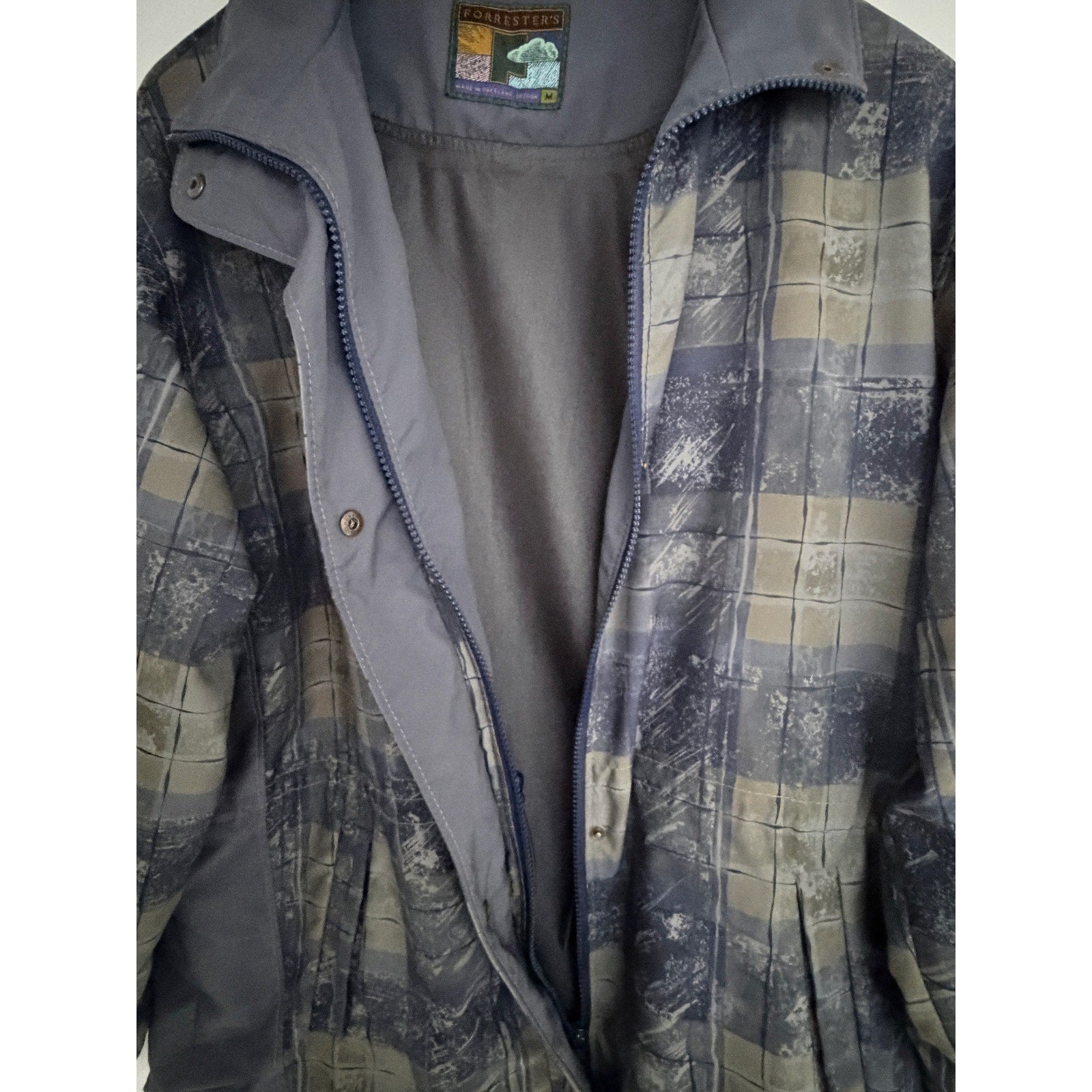 Forrester's Vintage Jacket Mens Medium Blue Gray Abstract Plaid Portland Oregon
