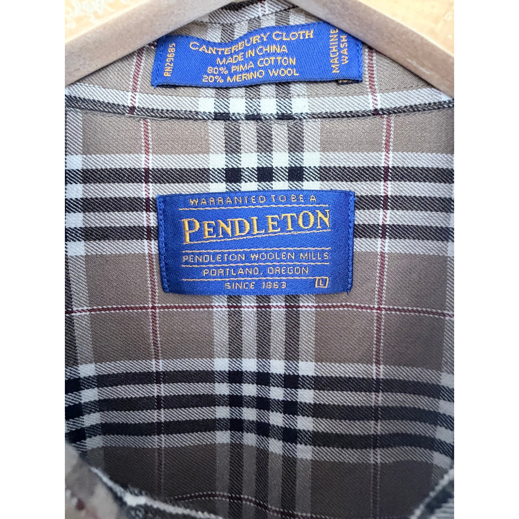 Pendleton Canterbury Cloth Button Down Shirt Mens Large Brown Plaid Wool Cotton