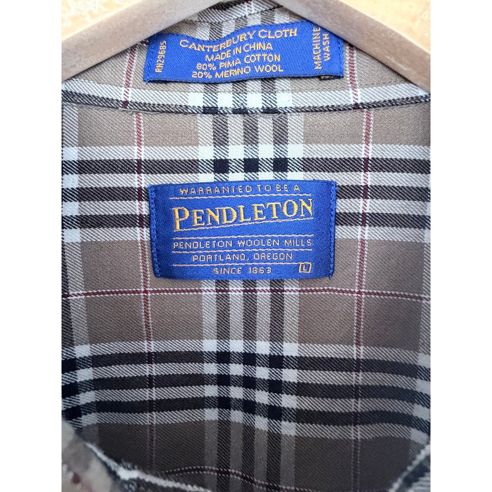 Pendleton Canterbury Cloth Button Down Shirt Mens Large Brown Plaid Wool Cotton
