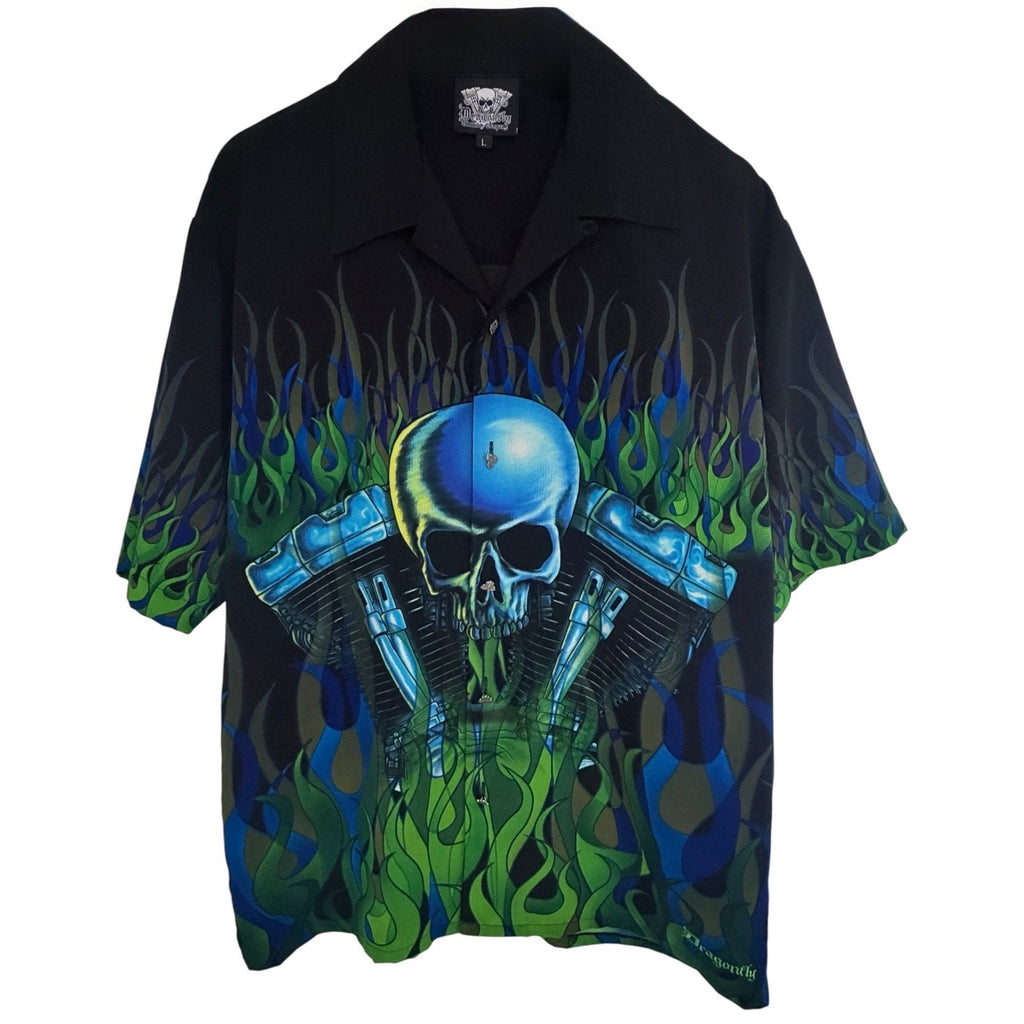 Dragonfly Clothing Co Skull Flame Shirt Mens L Black Button Up Motorcycle Biker