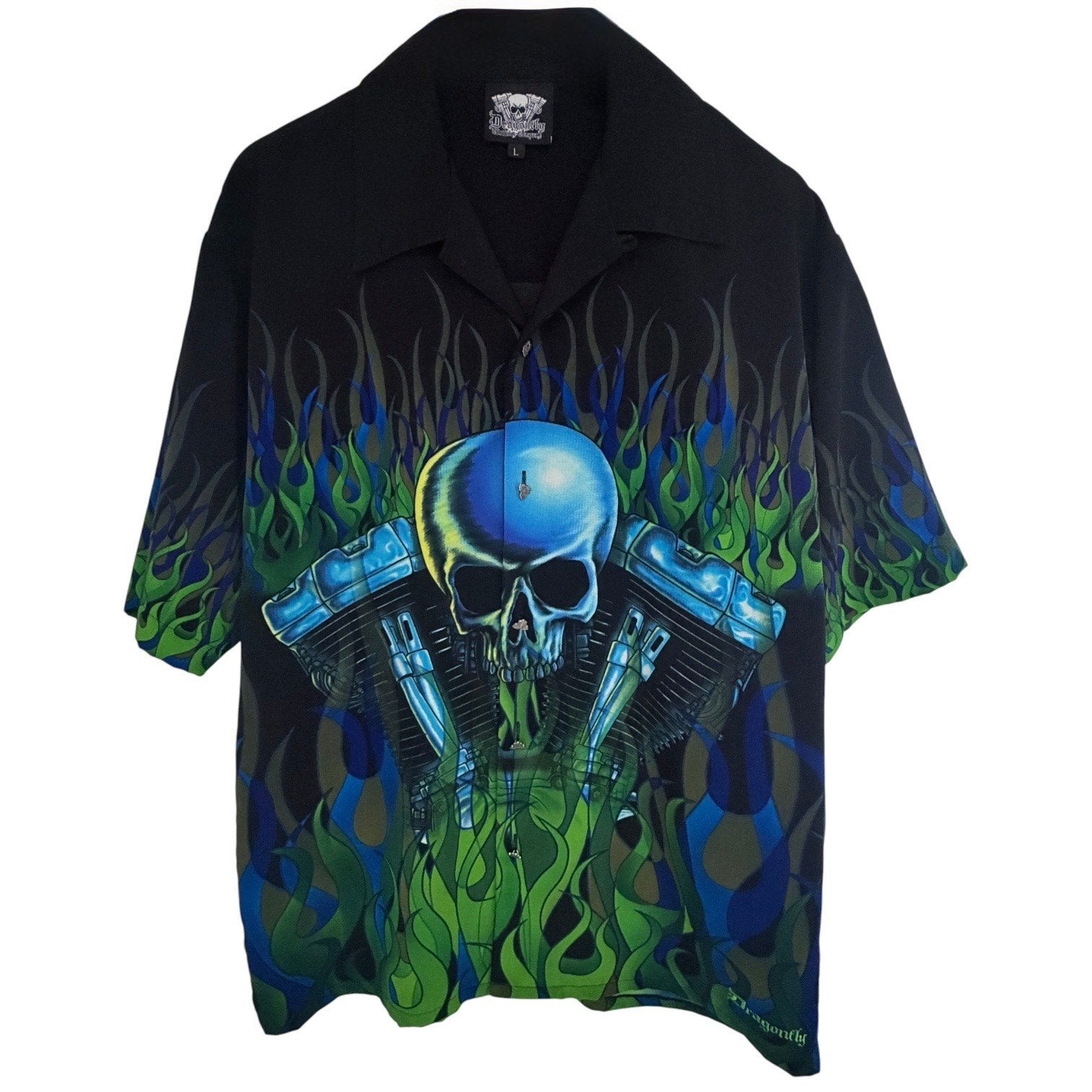 Dragonfly Clothing Co Skull Flame Shirt Mens L Black Button Up Motorcycle Biker