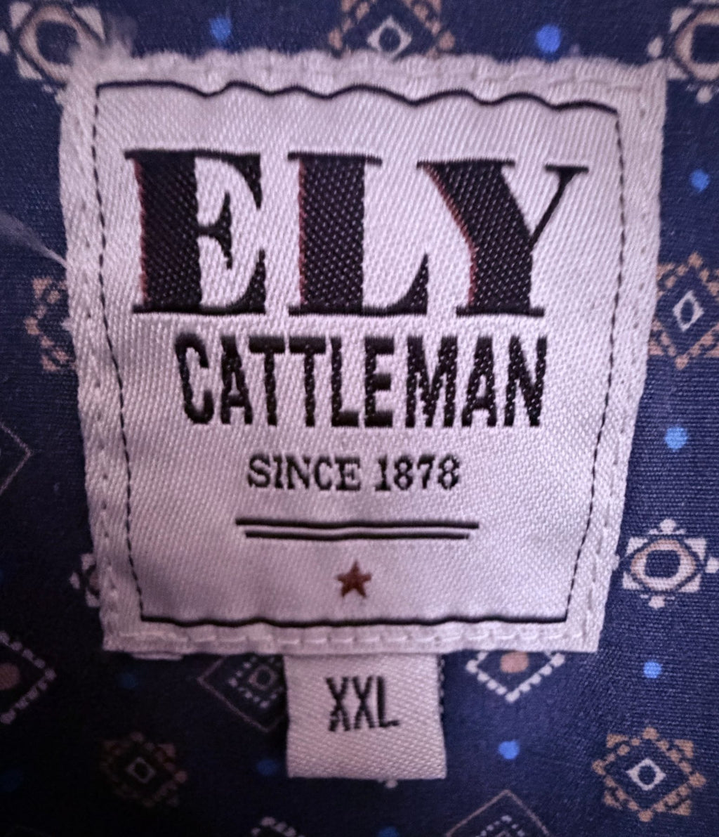 ELY Cattleman Men's Blue Snap-Front Striped Plaid Button-Up — brand label