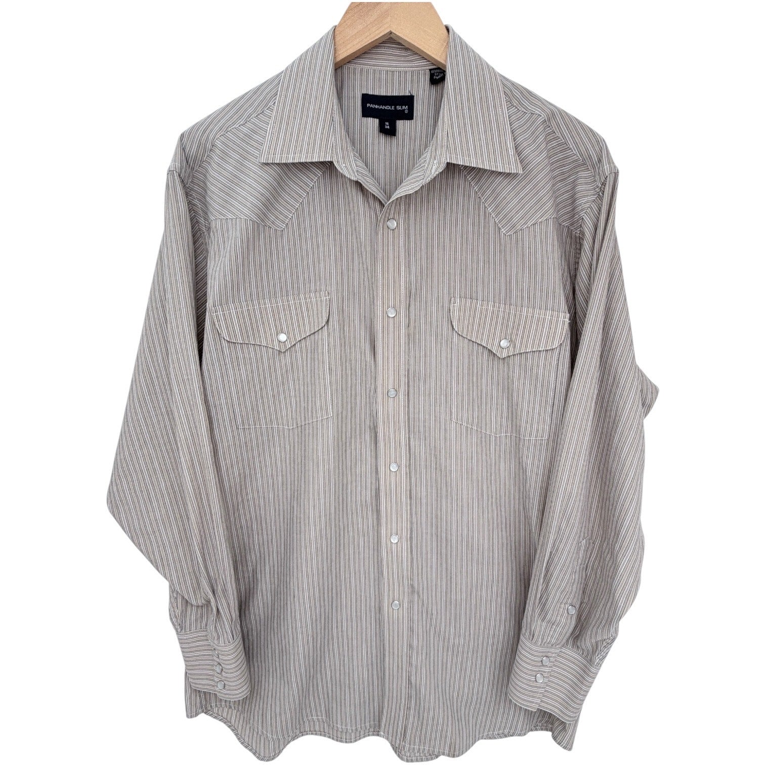 Panhandle Slim Western Shirt Mens 16 34 Beige Striped Snap Button Cowboy Shirt
